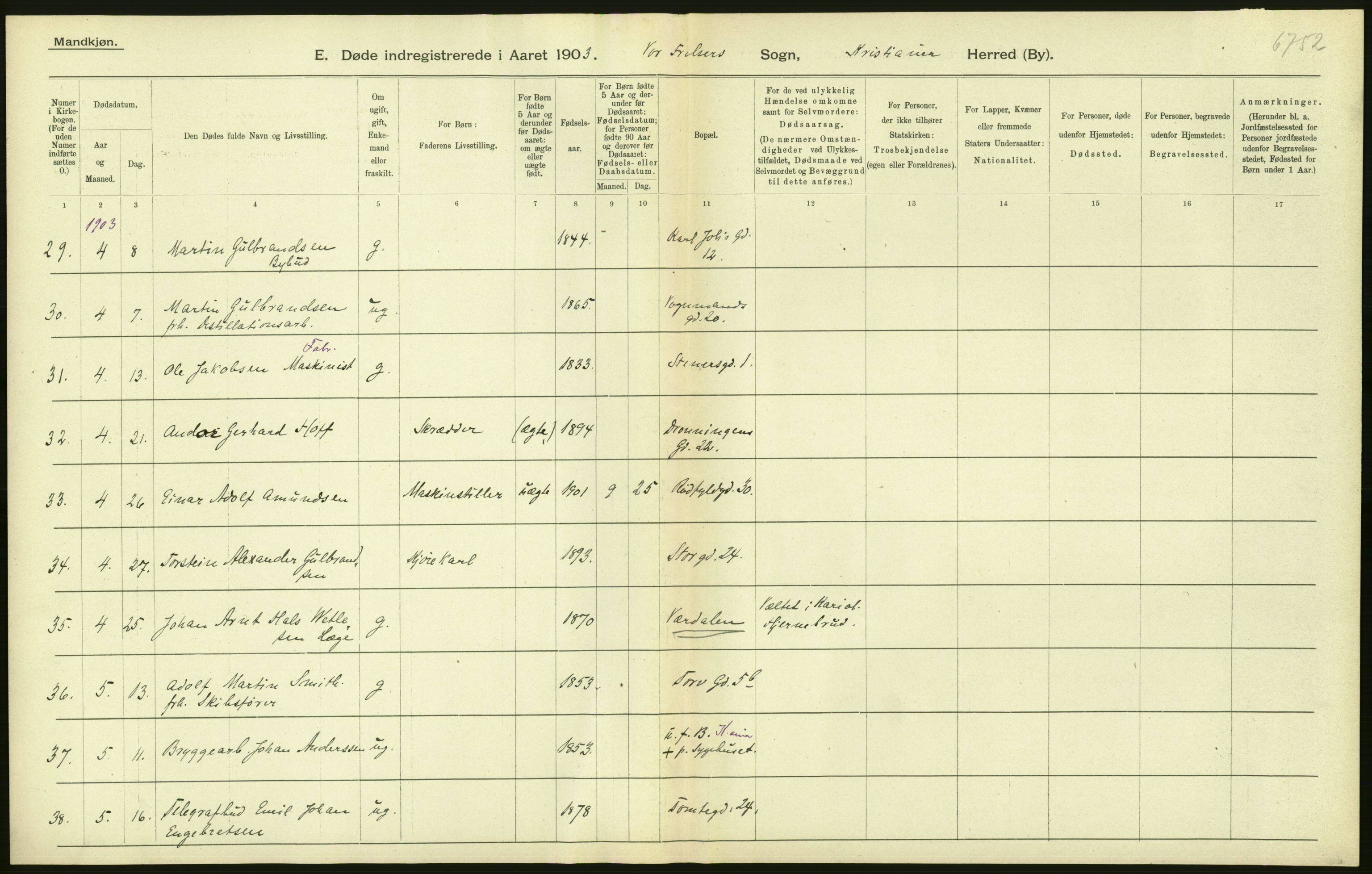 Statistisk sentralbyrå, Sosiodemografiske emner, Befolkning, AV/RA-S-2228/D/Df/Dfa/Dfaa/L0004: Kristiania: Gifte, døde, 1903, p. 108