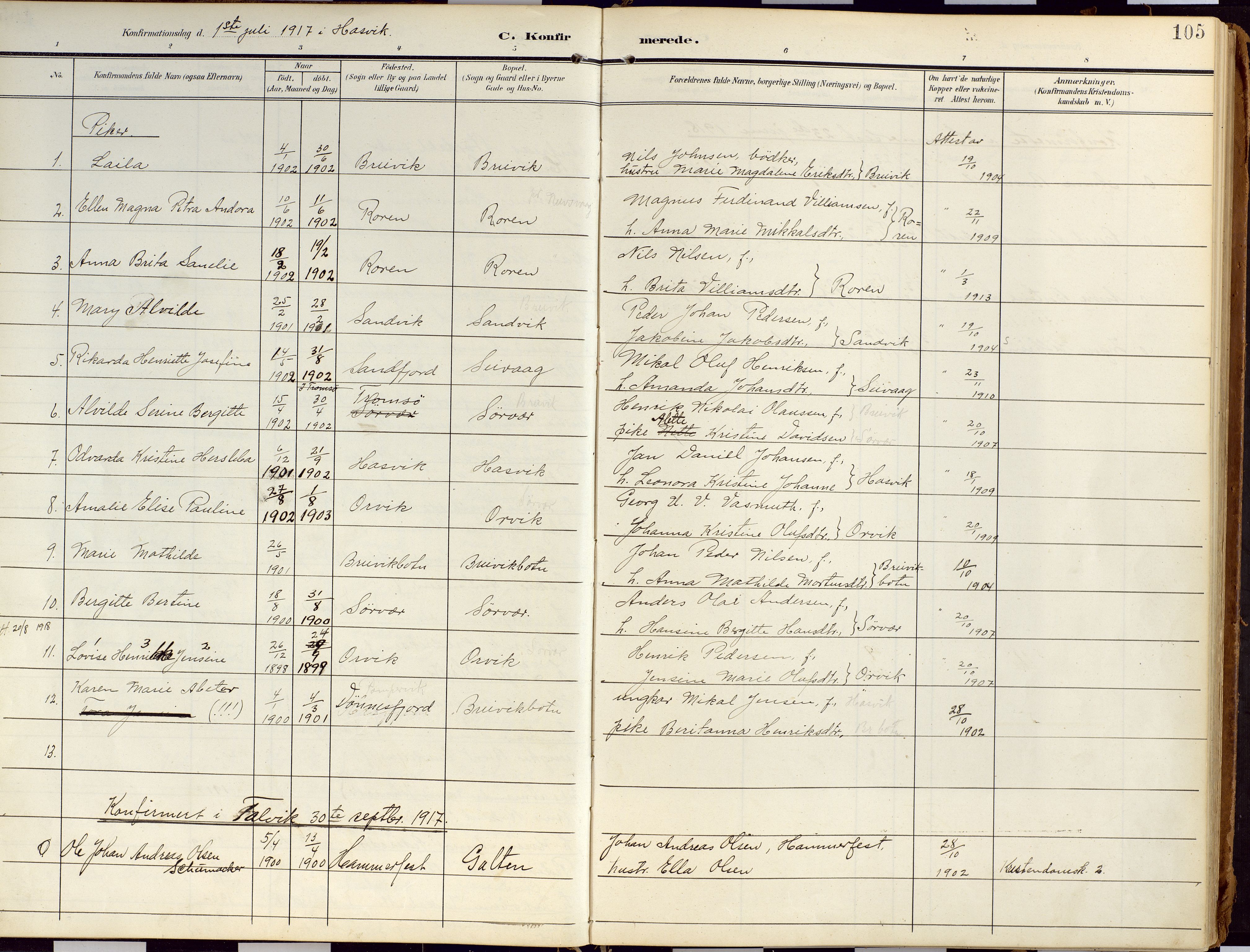 Loppa sokneprestkontor, SATØ/S-1339/H/Ha/L0010kirke: Parish register (official) no. 10, 1907-1922, p. 105
