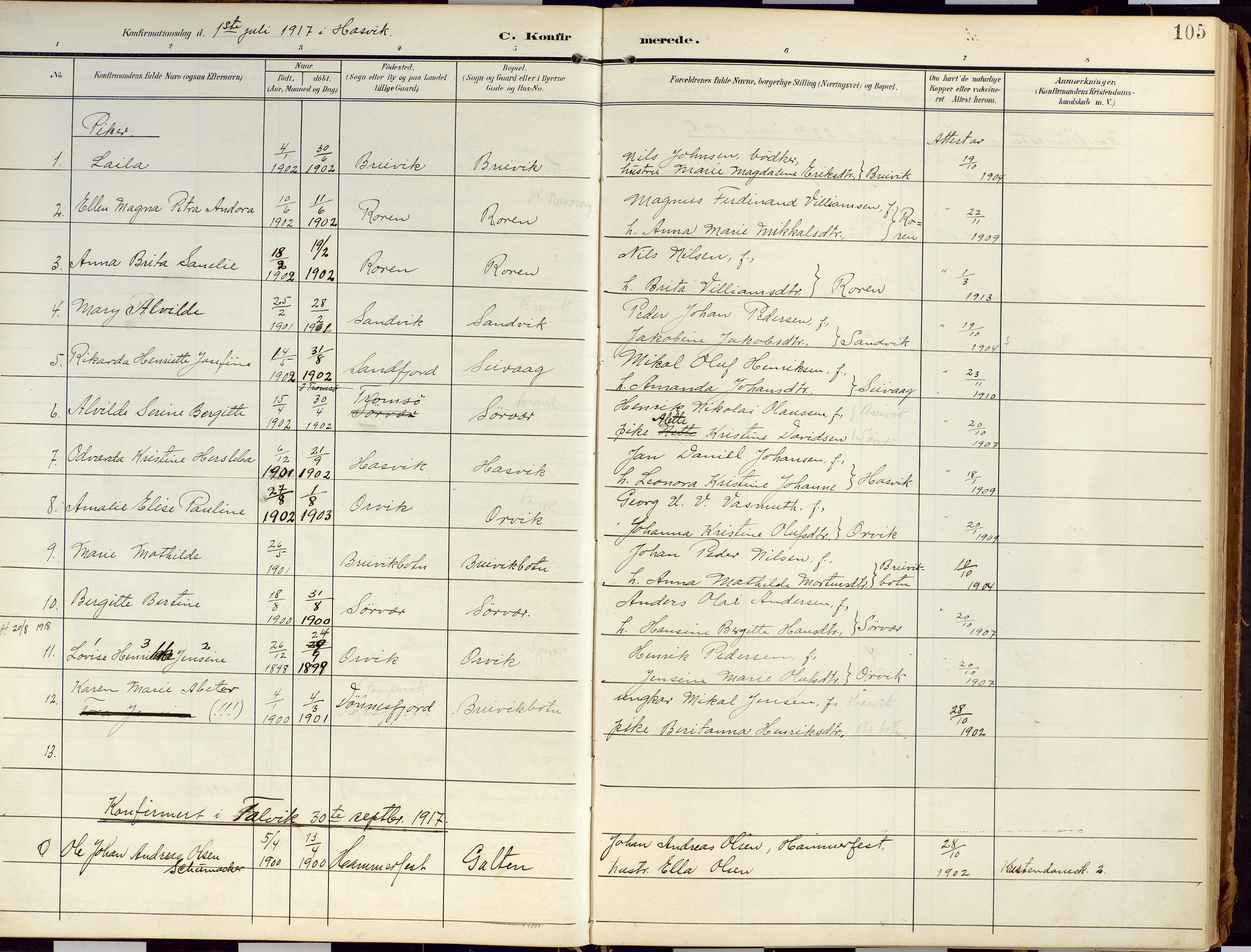 Loppa sokneprestkontor, AV/SATØ-S-1339/H/Ha/L0010kirke: Parish register (official) no. 10, 1907-1922, p. 105