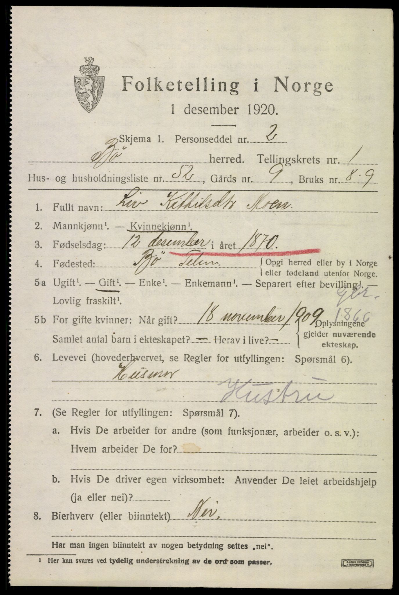 SAKO, 1920 census for Bø (Telemark), 1920, p. 1770