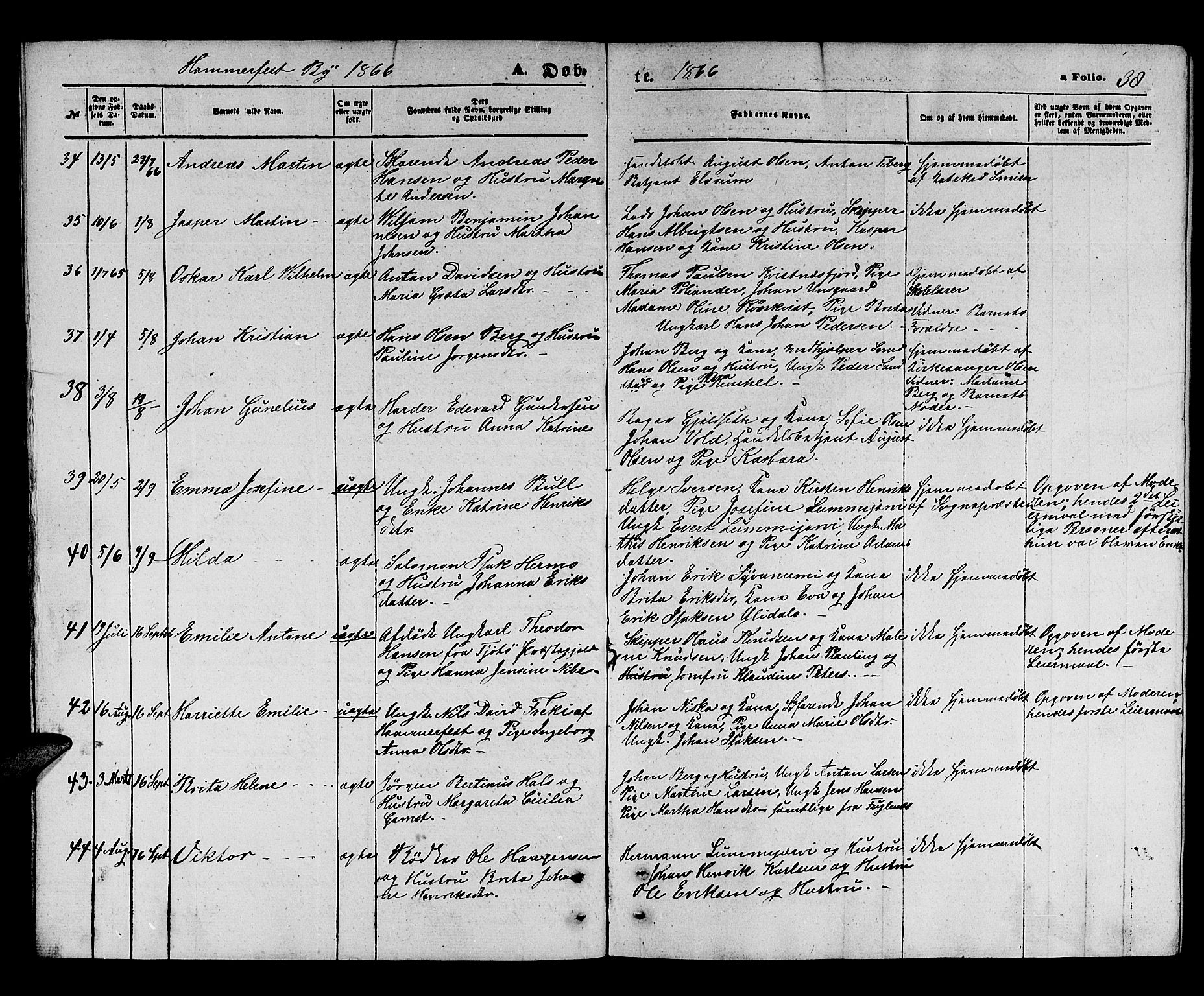 Hammerfest sokneprestkontor, SATØ/S-1347/H/Hb/L0003.klokk: Parish register (copy) no. 3 /1, 1862-1868, p. 38