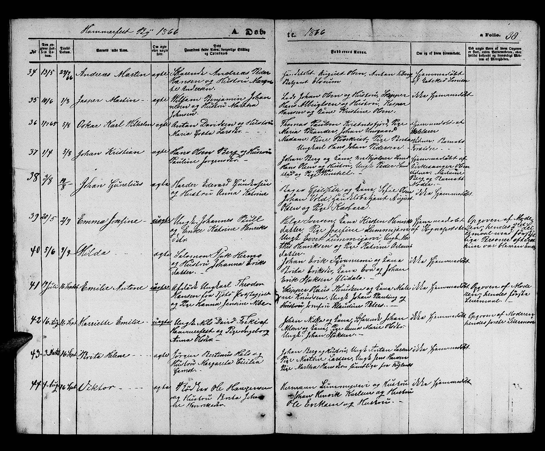 Hammerfest sokneprestkontor, AV/SATØ-S-1347/H/Hb/L0003.klokk: Parish register (copy) no. 3 /1, 1862-1868, p. 38