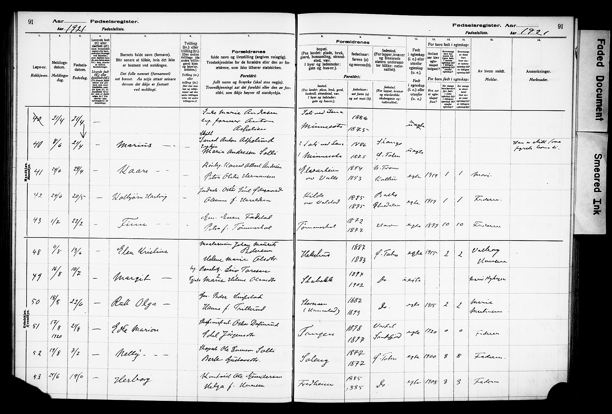 Østre Toten prestekontor, AV/SAH-PREST-104/I/Id/L0001/0001: Birth register no. 1.1, 1916-1928, p. 91