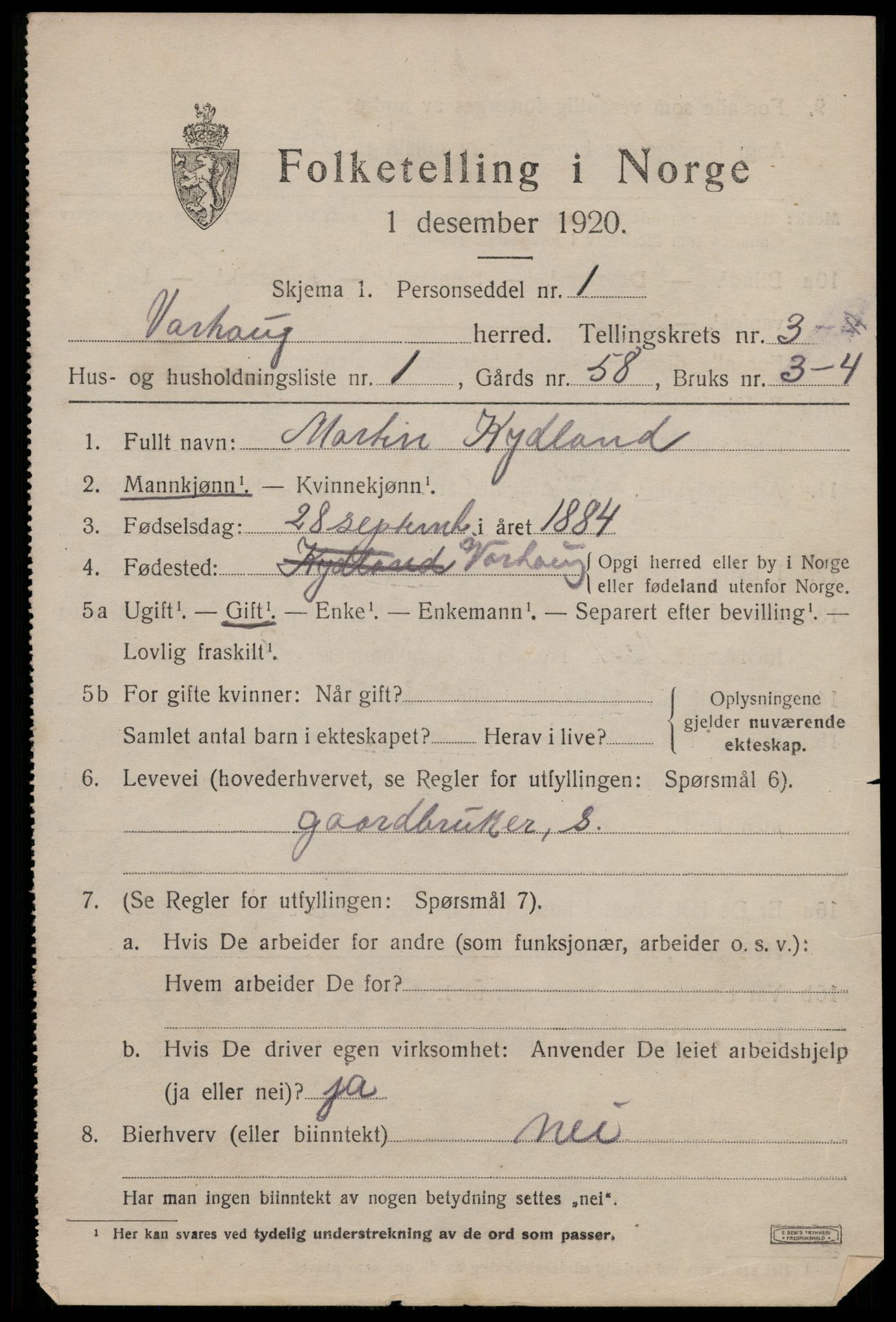 SAST, 1920 census for Varhaug, 1920, p. 2943