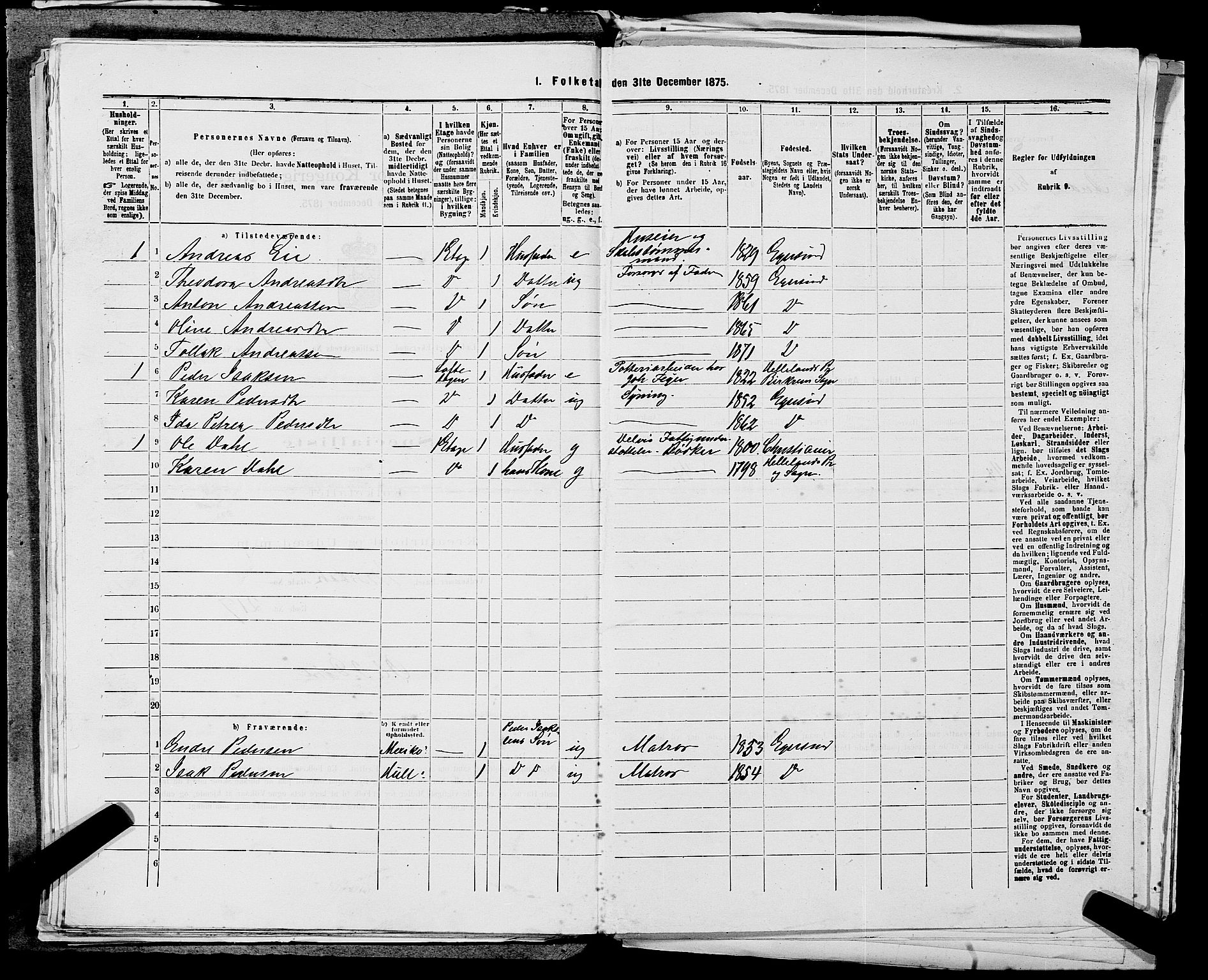 SAST, 1875 census for 1101B Eigersund parish, Egersund town, 1875, p. 380