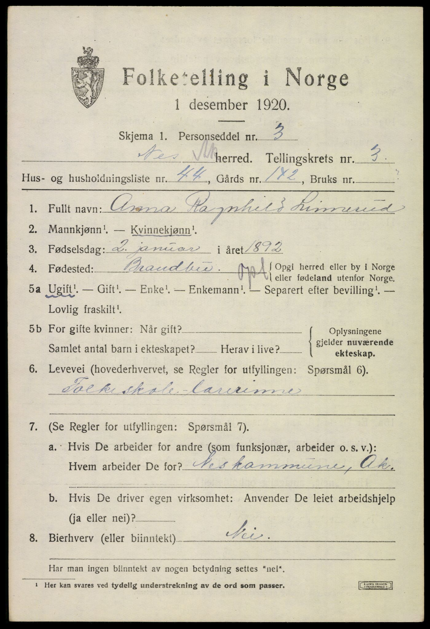 SAO, 1920 census for Nes, 1920, p. 6288