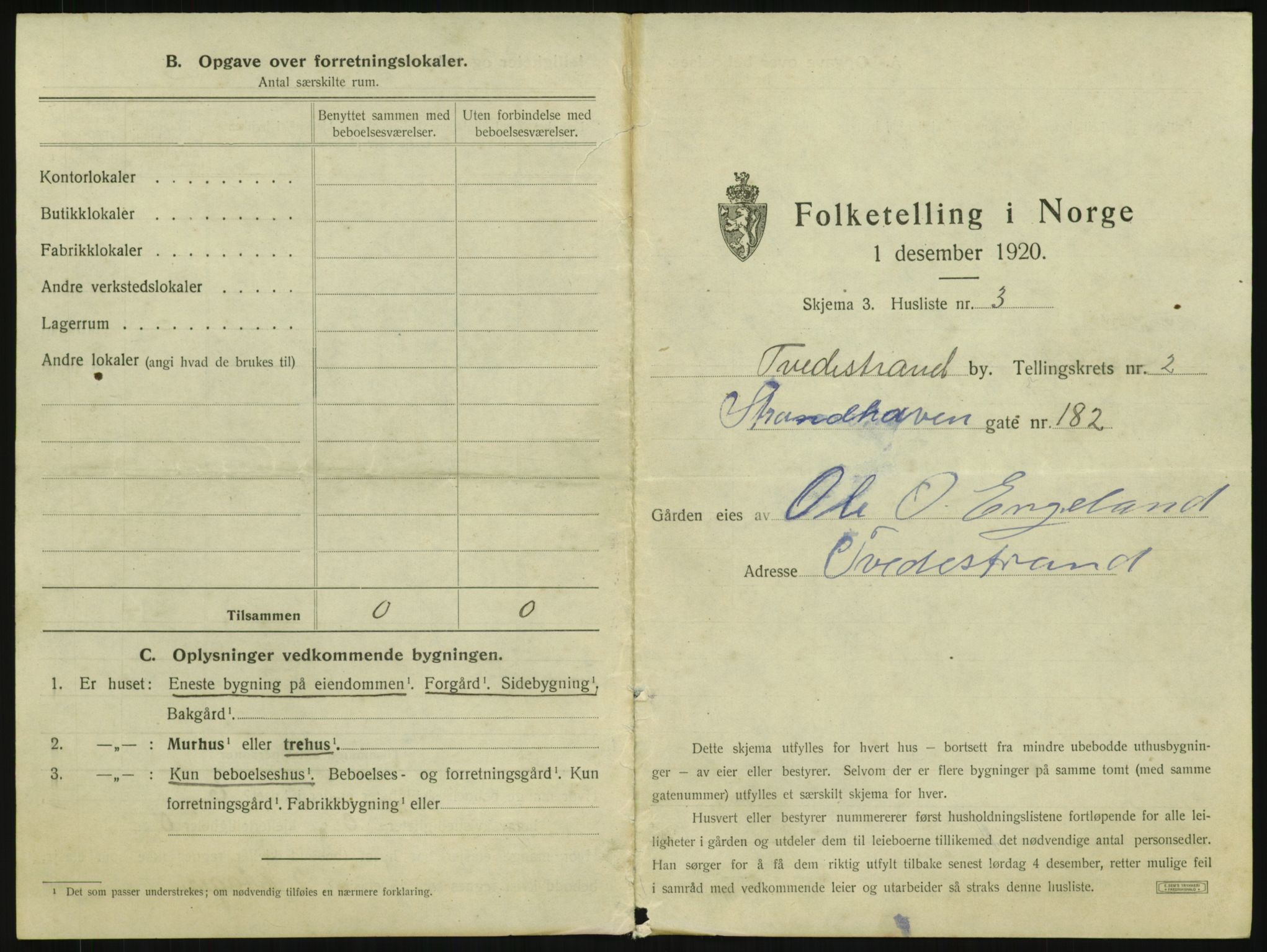 SAK, 1920 census for Tvedestrand, 1920, p. 279