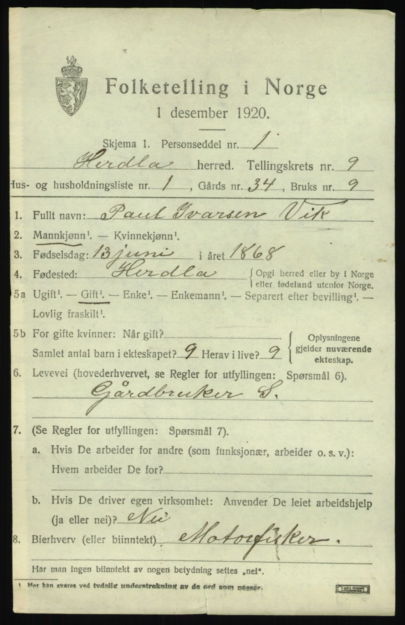 SAB, 1920 census for Herdla, 1920, p. 6295