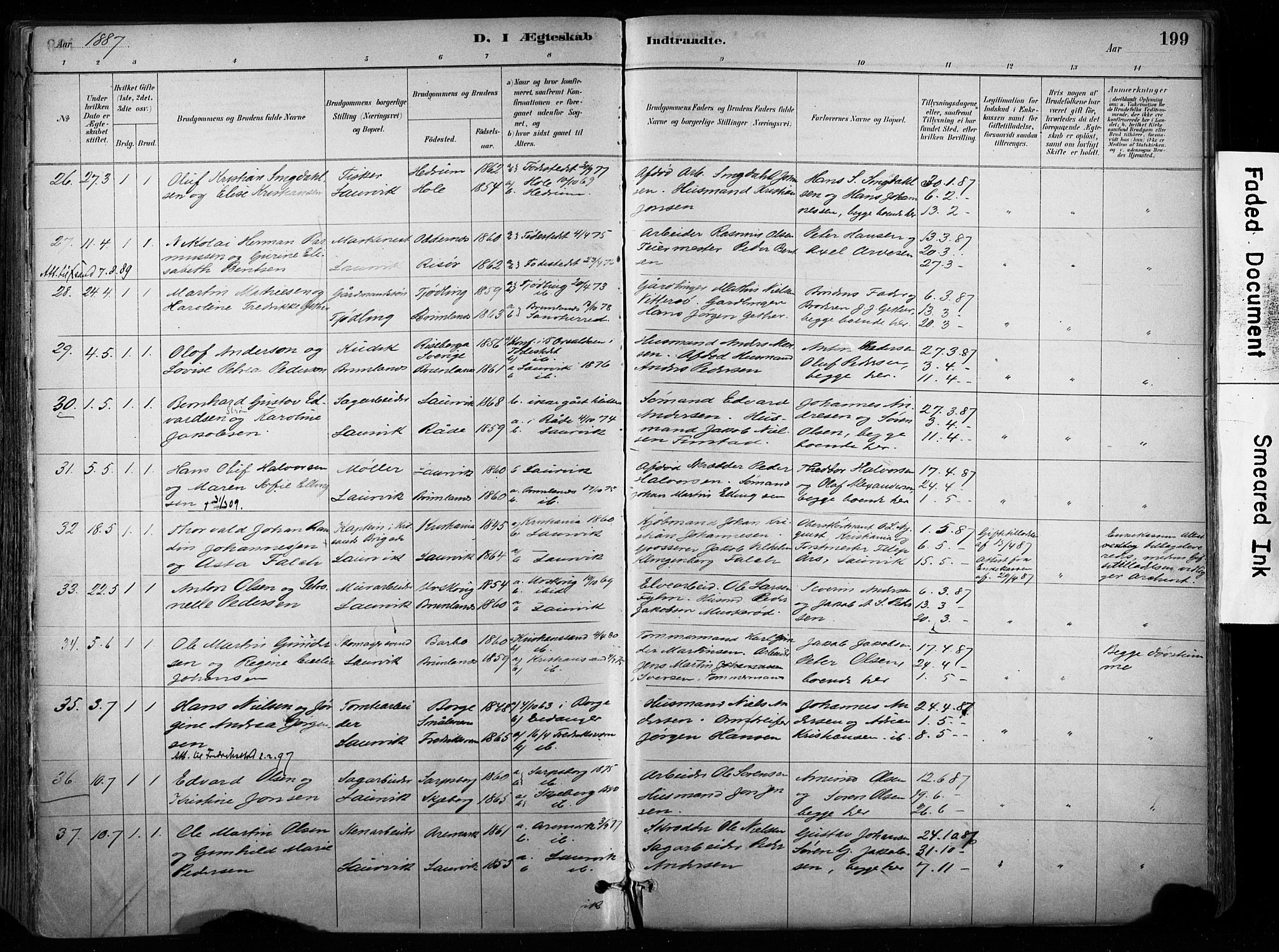 Larvik kirkebøker, SAKO/A-352/F/Fa/L0008: Parish register (official) no. I 8, 1884-1902, p. 199