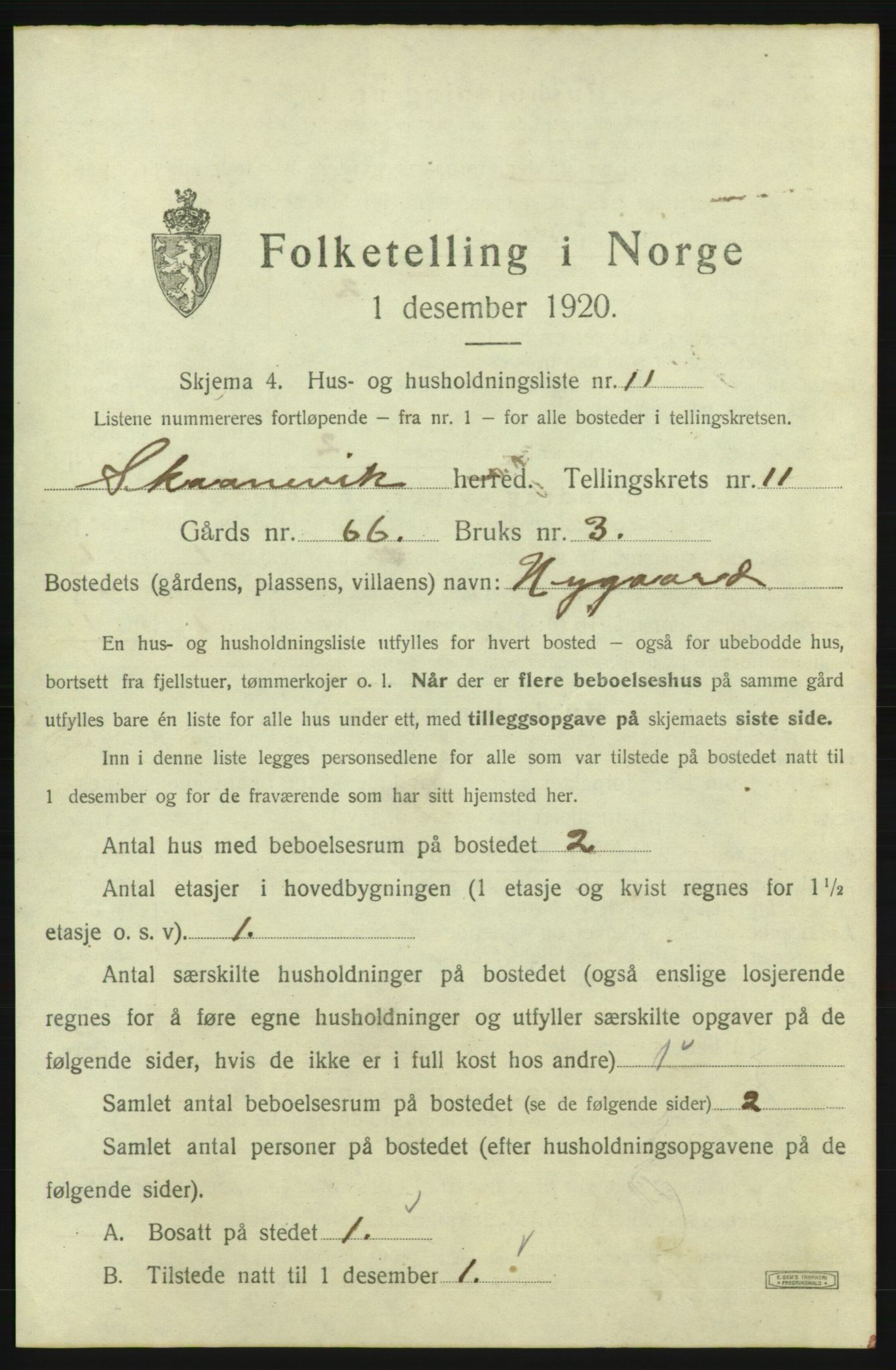 SAB, 1920 census for Skånevik, 1920, p. 1227