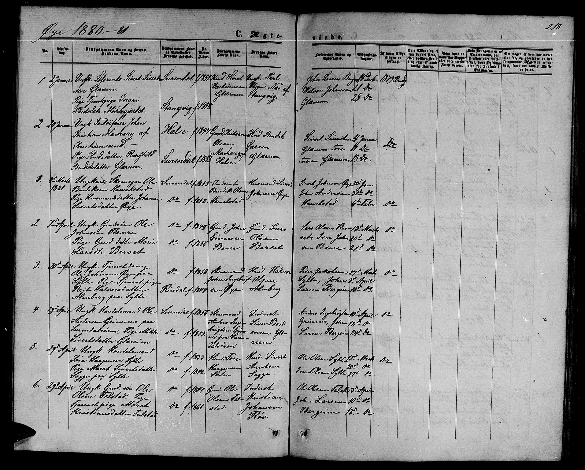 Ministerialprotokoller, klokkerbøker og fødselsregistre - Møre og Romsdal, SAT/A-1454/595/L1051: Parish register (copy) no. 595C03, 1866-1891, p. 218
