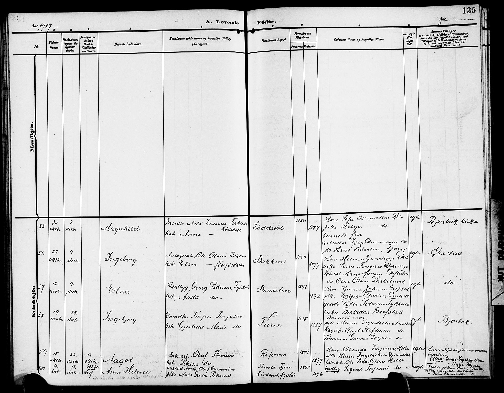Øyestad sokneprestkontor, SAK/1111-0049/F/Fb/L0011: Parish register (copy) no. B 11, 1906-1918, p. 135