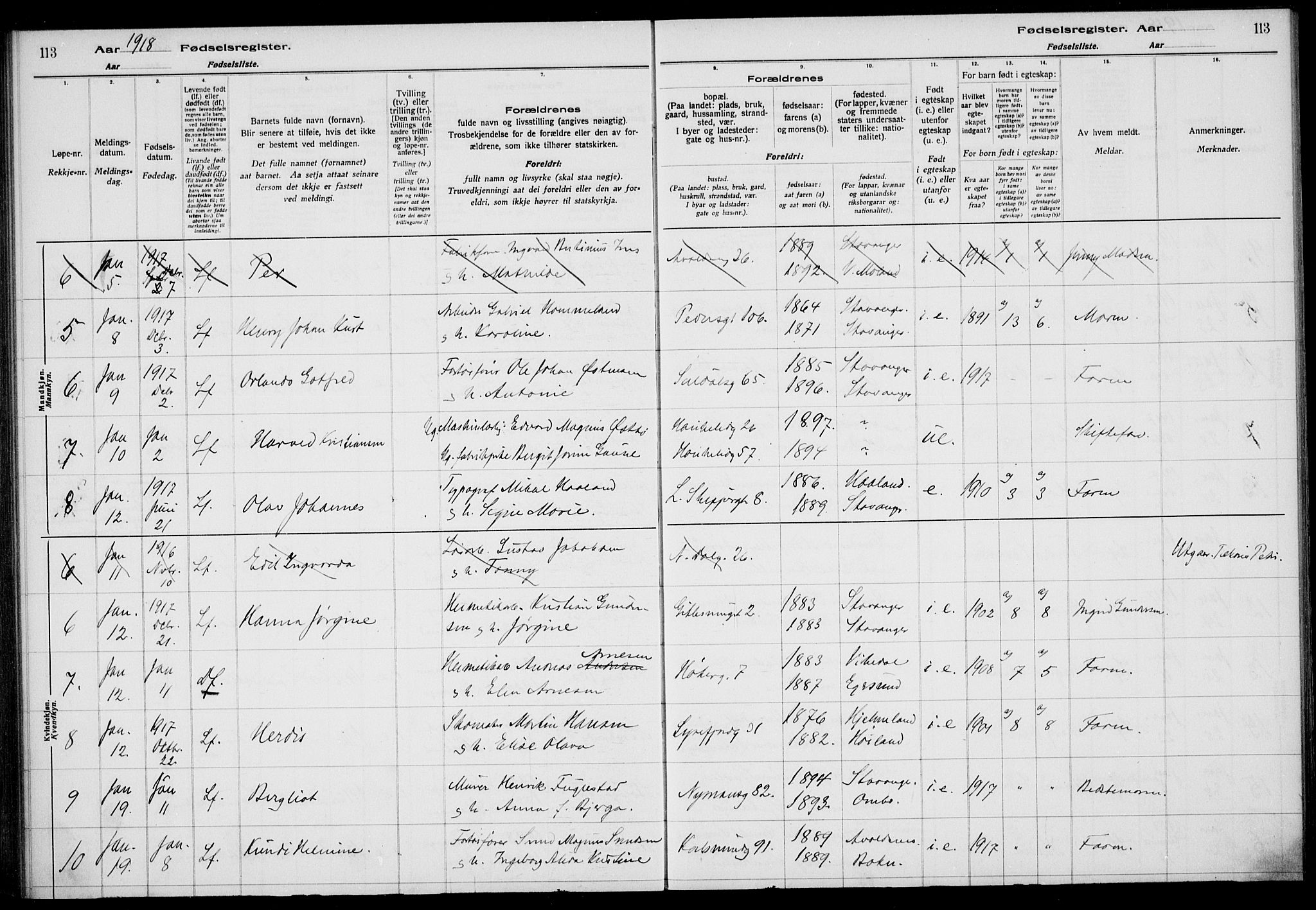 St. Johannes sokneprestkontor, AV/SAST-A-101814/002/A/L0001: Birth register no. 1, 1916-1919, p. 113