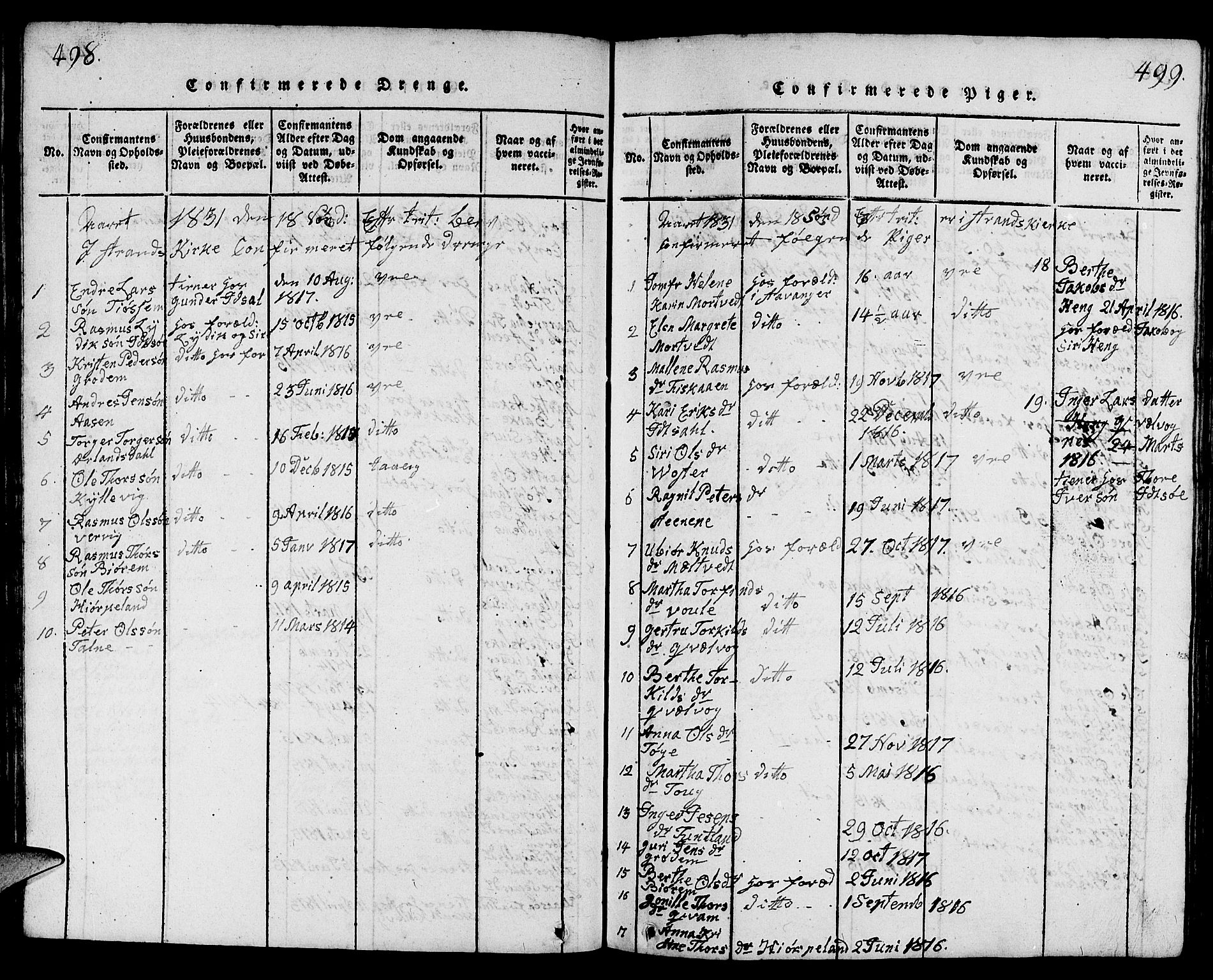 Strand sokneprestkontor, SAST/A-101828/H/Ha/Hab/L0001: Parish register (copy) no. B 1, 1816-1854, p. 498-499