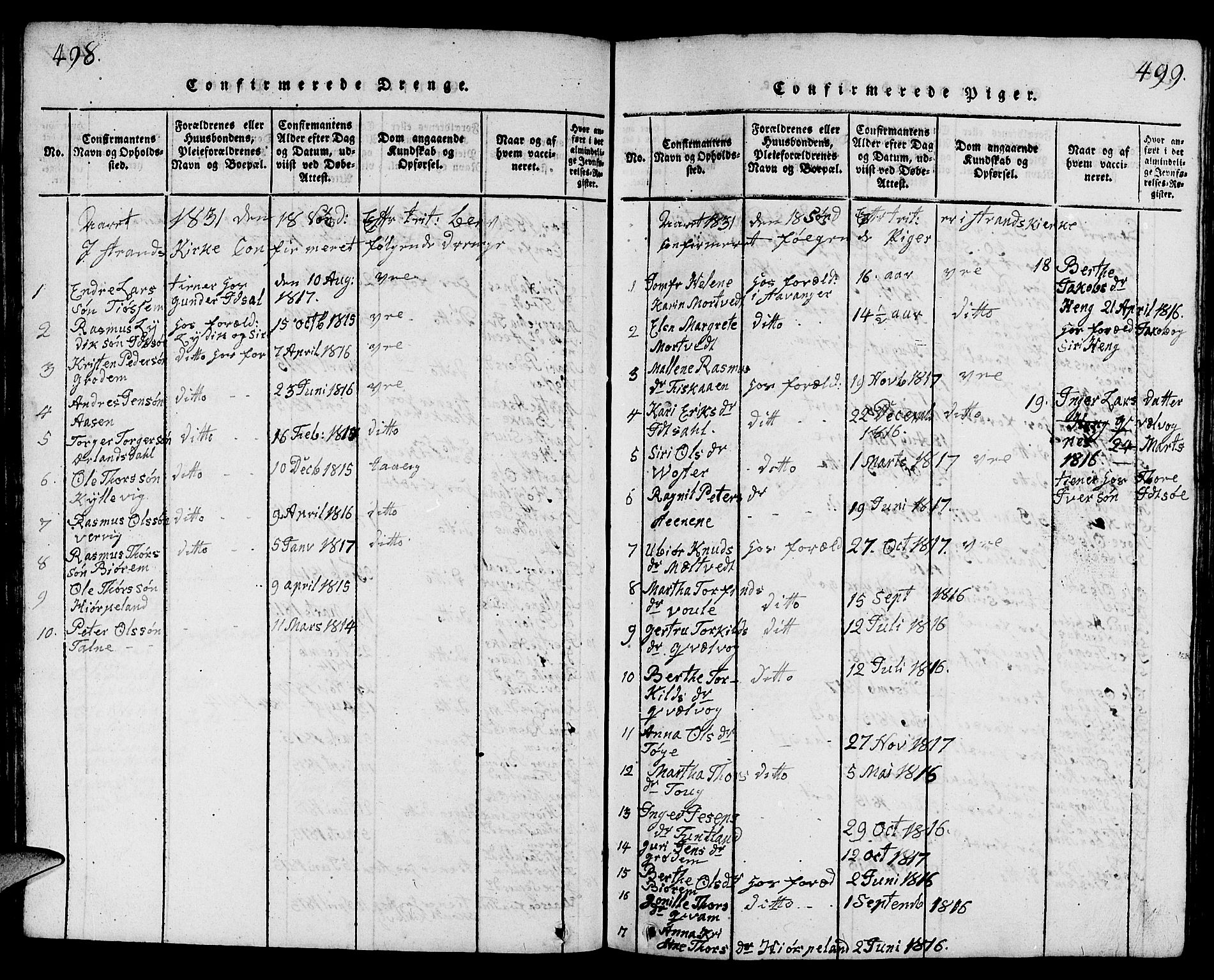 Strand sokneprestkontor, AV/SAST-A-101828/H/Ha/Hab/L0001: Parish register (copy) no. B 1, 1816-1854, p. 498-499