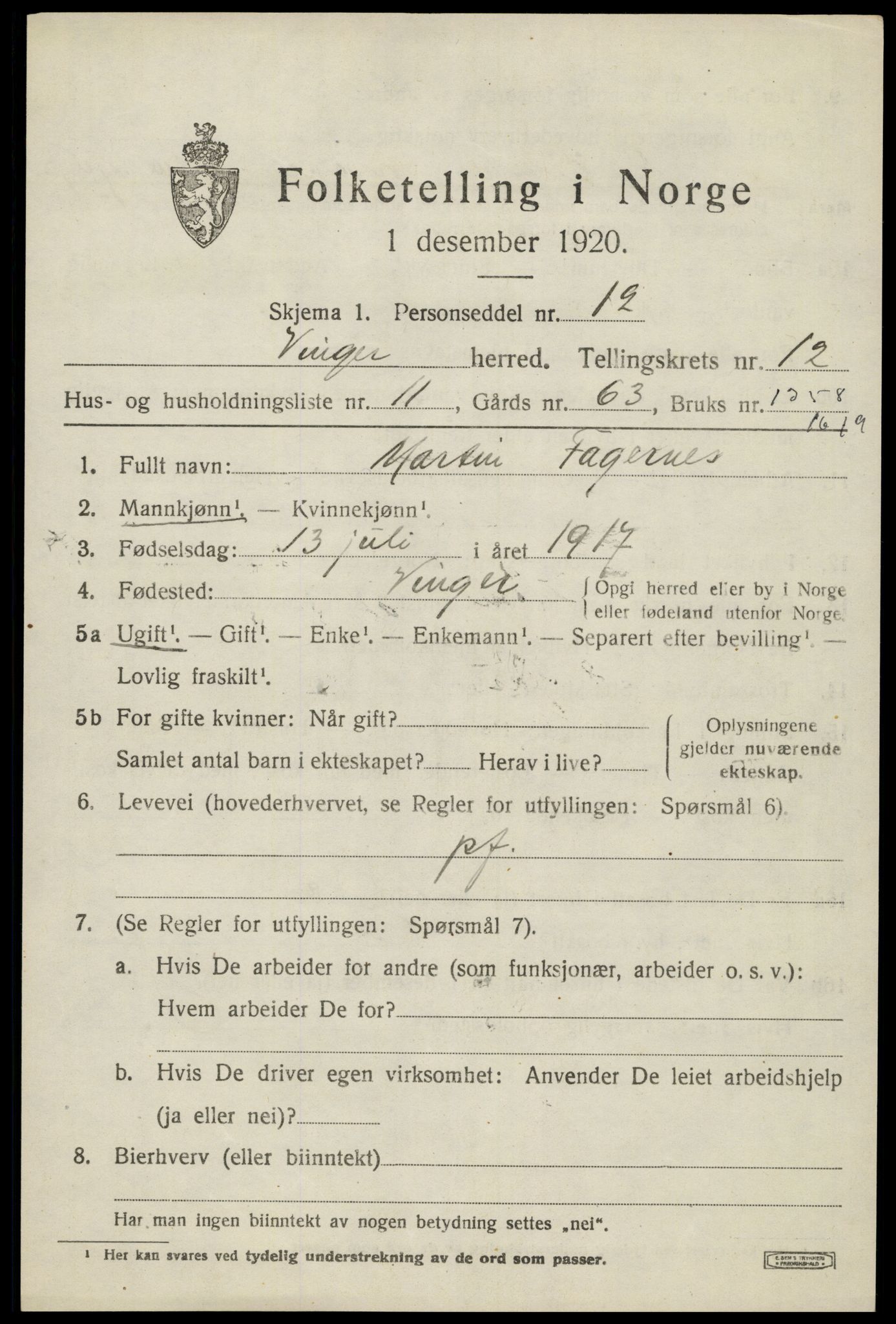 SAH, 1920 census for Vinger, 1920, p. 10344