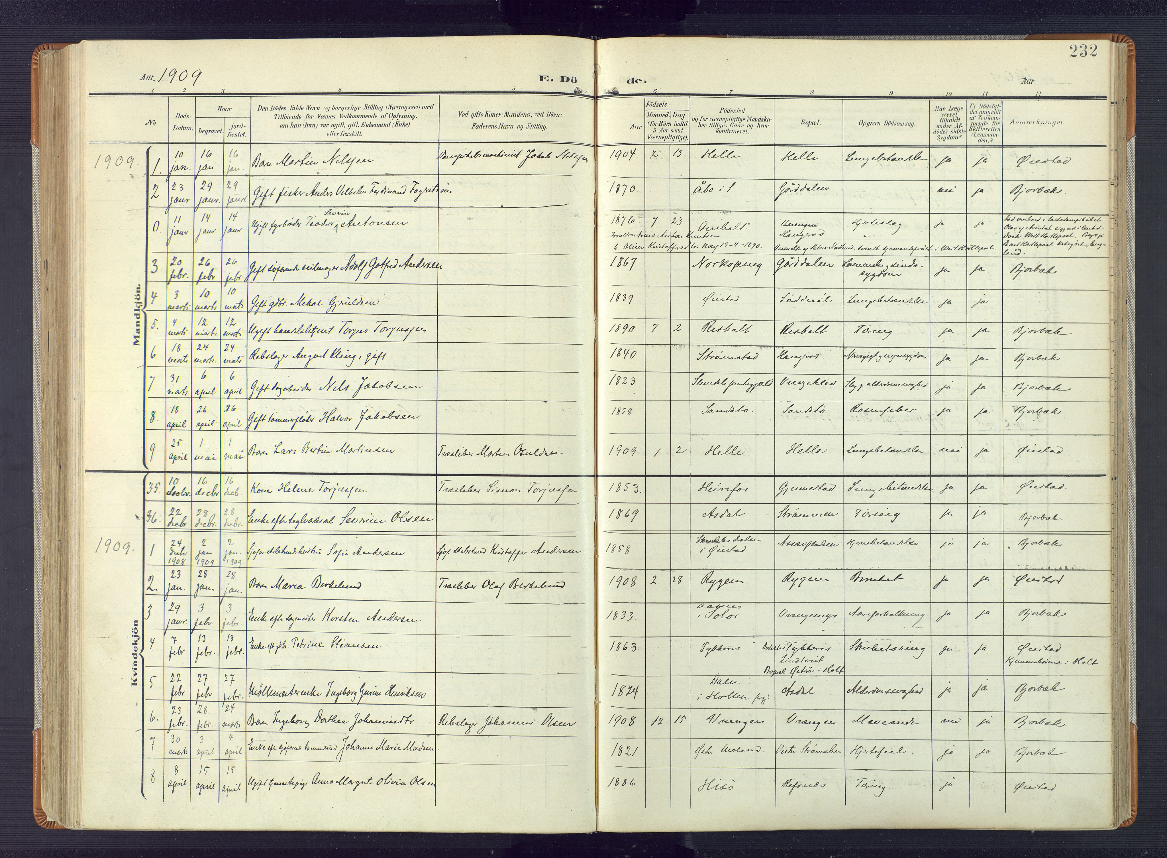 Øyestad sokneprestkontor, AV/SAK-1111-0049/F/Fa/L0019: Parish register (official) no. A 19, 1908-1922, p. 232