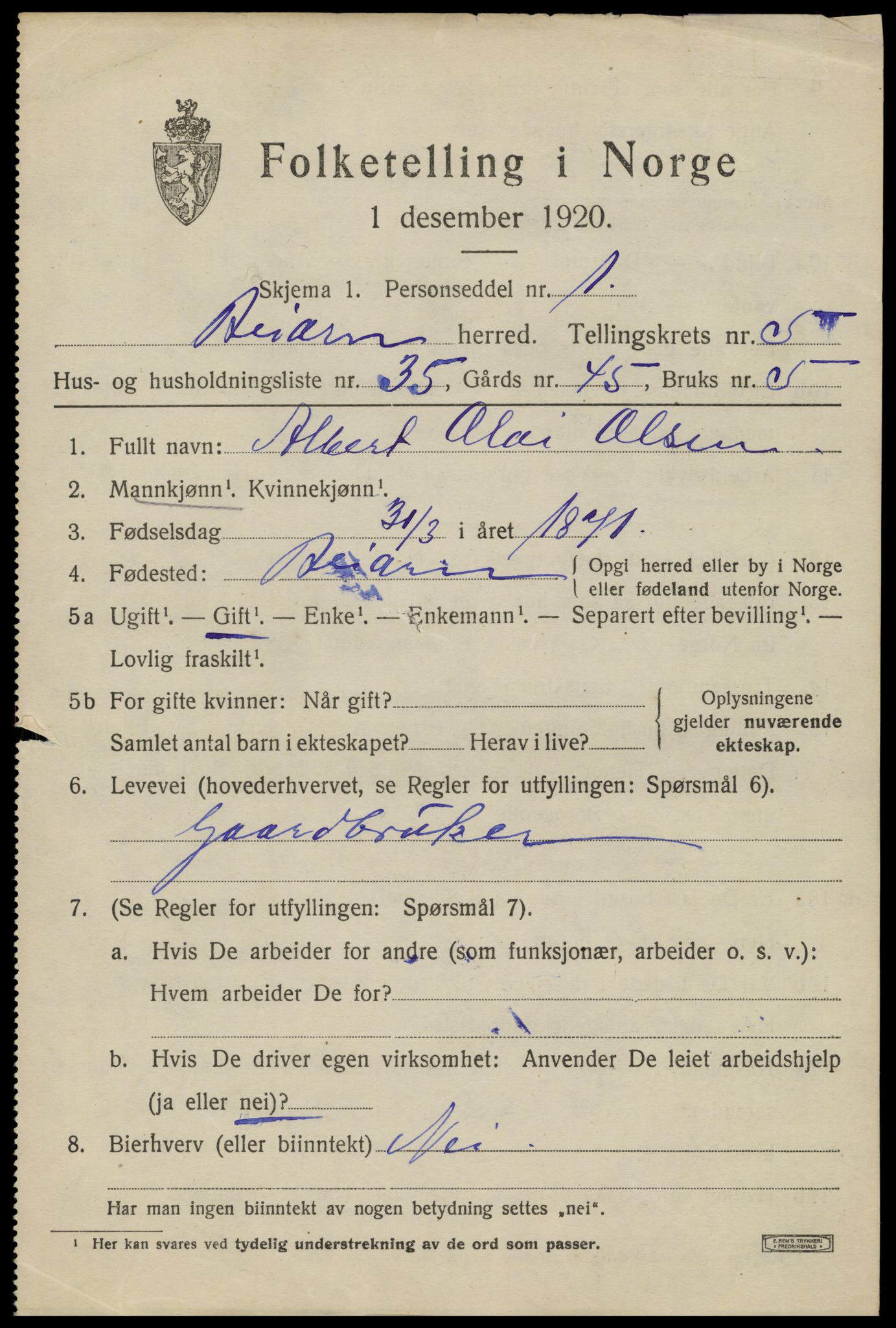 SAT, 1920 census for Beiarn, 1920, p. 2868