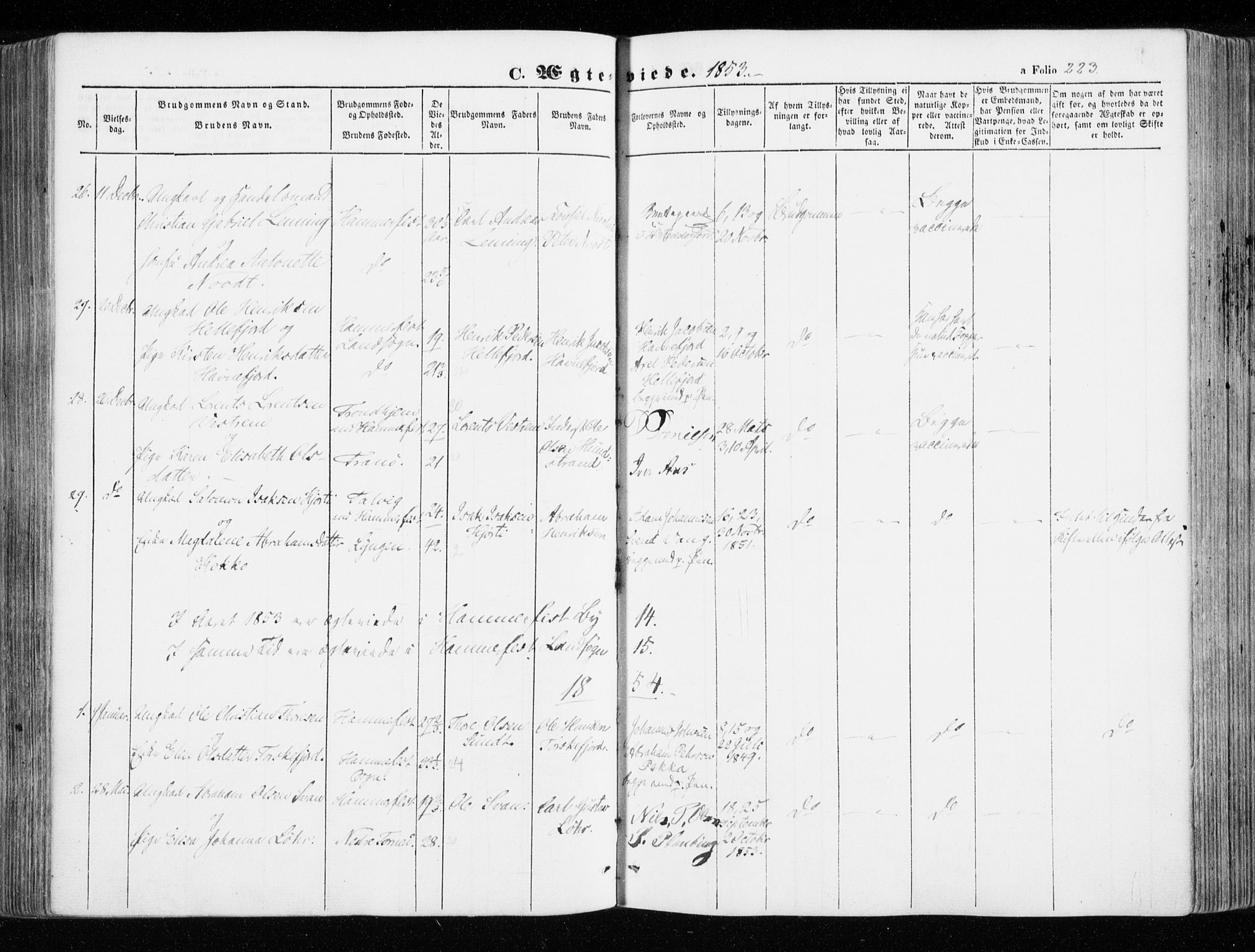 Hammerfest sokneprestkontor, SATØ/S-1347/H/Ha/L0004.kirke: Parish register (official) no. 4, 1843-1856, p. 223