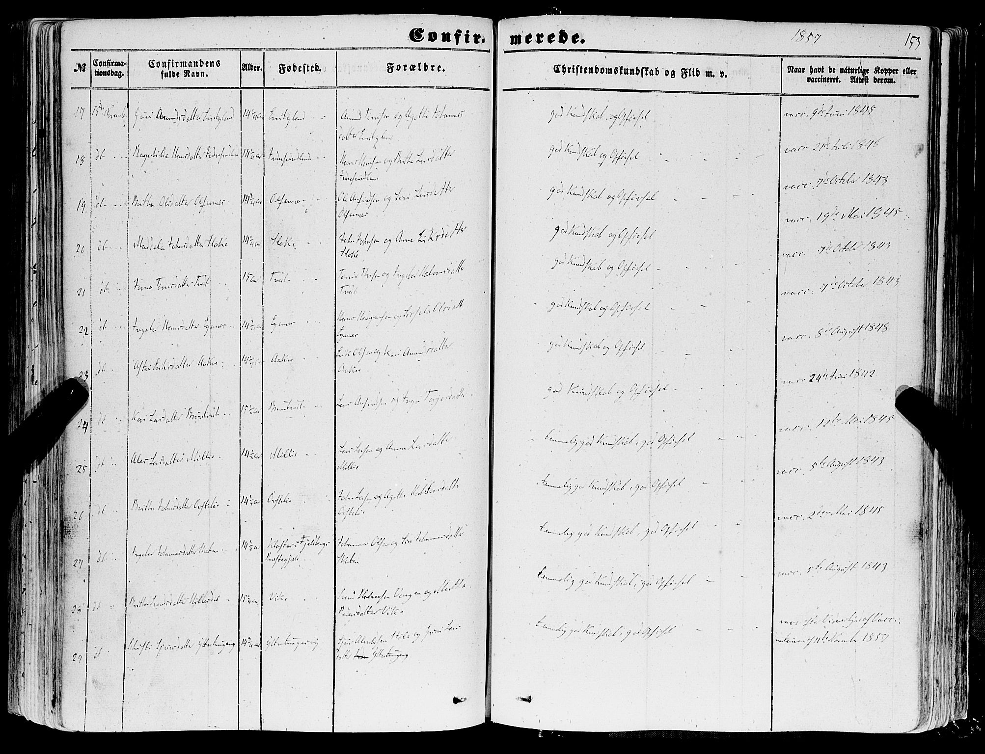 Skånevik sokneprestembete, SAB/A-77801/H/Haa: Parish register (official) no. A 5I, 1848-1869, p. 153