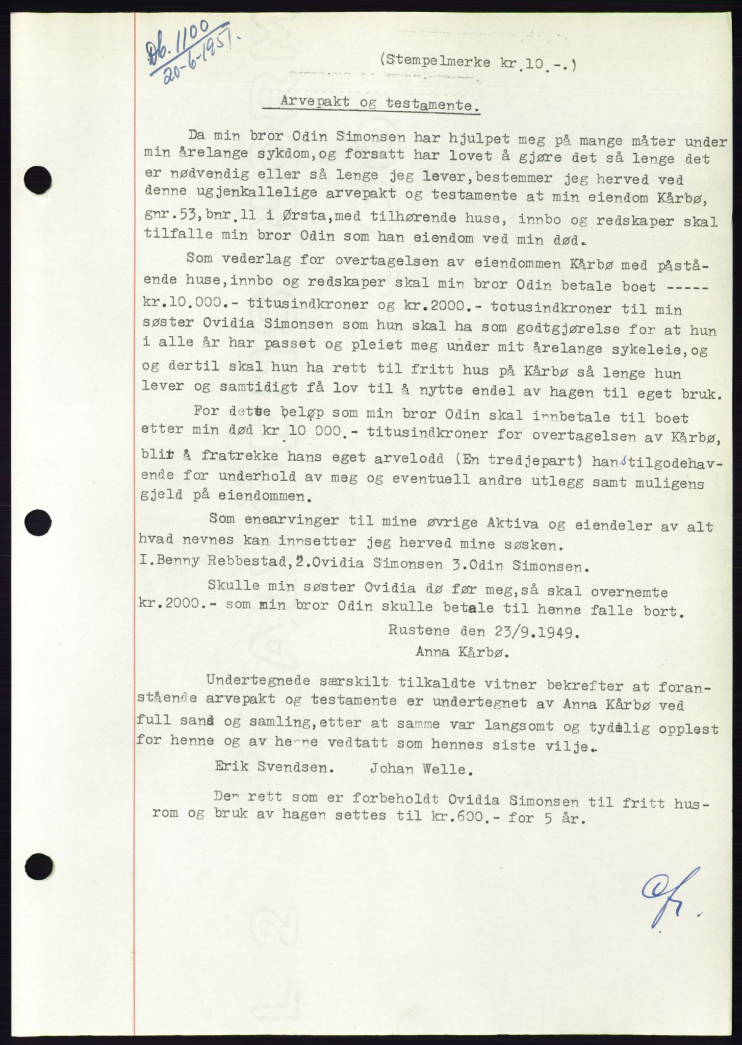 Søre Sunnmøre sorenskriveri, AV/SAT-A-4122/1/2/2C/L0089: Mortgage book no. 15A, 1951-1951, Diary no: : 1100/1951