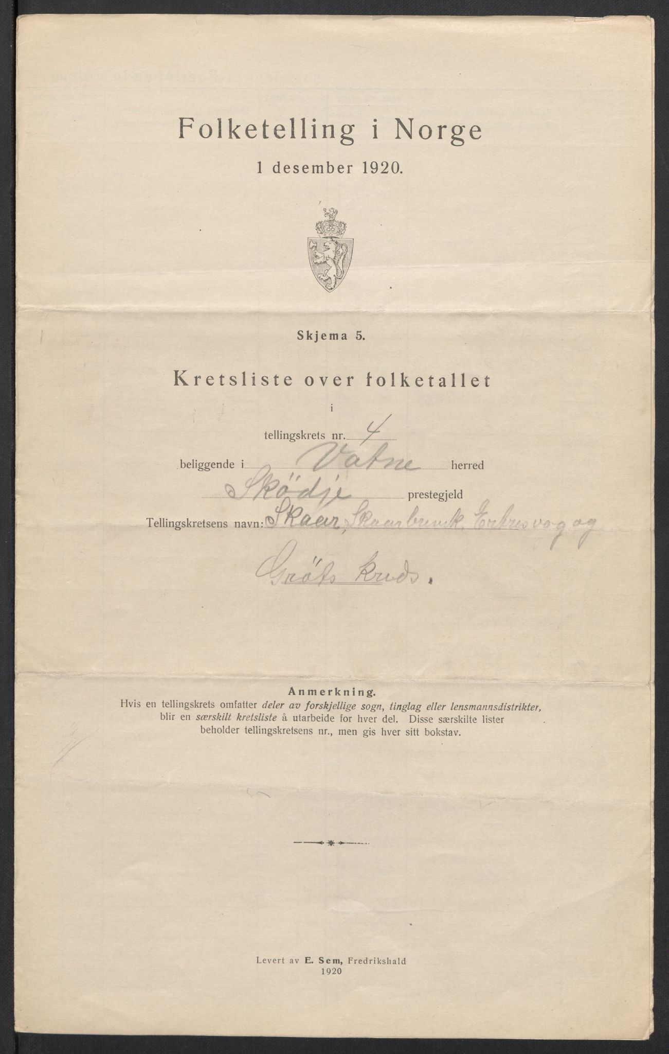 SAT, 1920 census for Vatne, 1920, p. 15