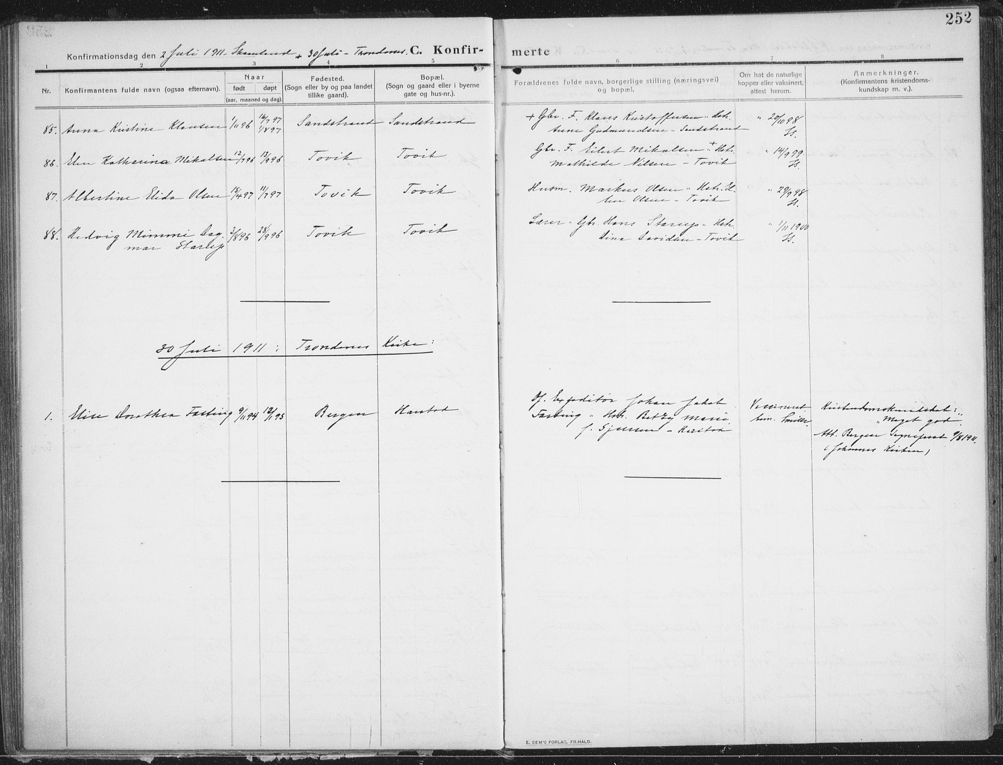 Trondenes sokneprestkontor, AV/SATØ-S-1319/H/Ha/L0018kirke: Parish register (official) no. 18, 1909-1918, p. 252