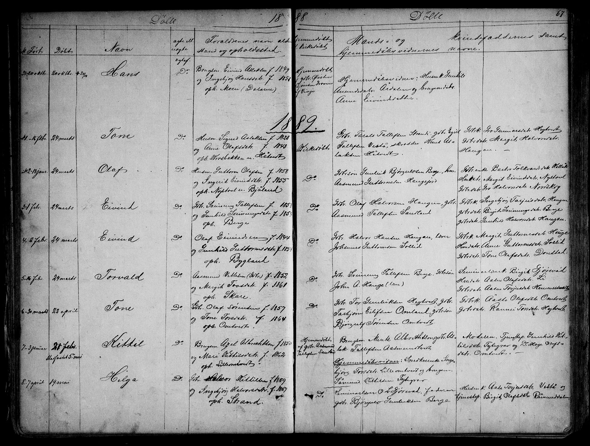 Kviteseid kirkebøker, SAKO/A-276/G/Gb/L0002: Parish register (copy) no. II 2, 1850-1892, p. 67