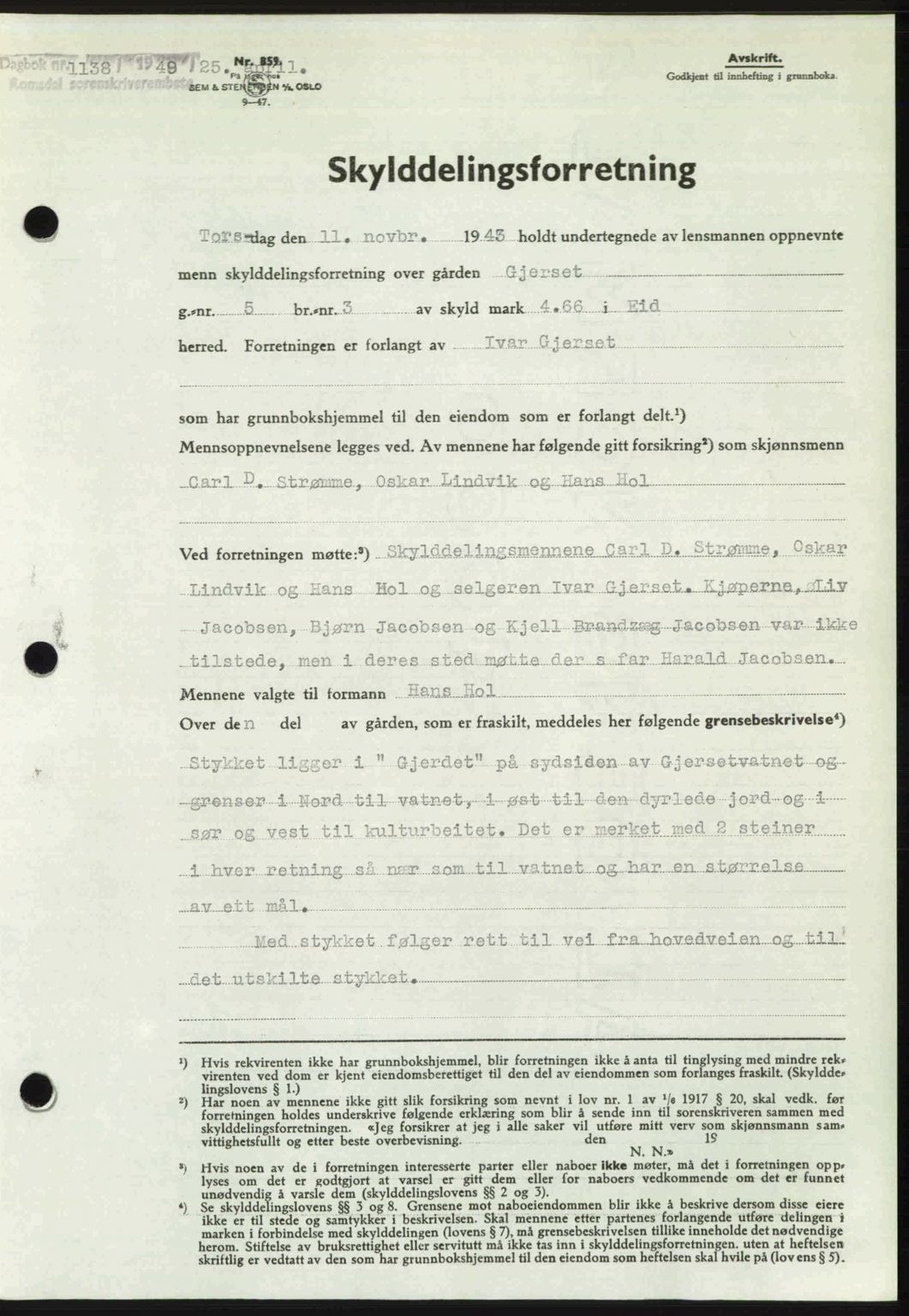 Romsdal sorenskriveri, AV/SAT-A-4149/1/2/2C: Mortgage book no. A29, 1949-1949, Diary no: : 1138/1949