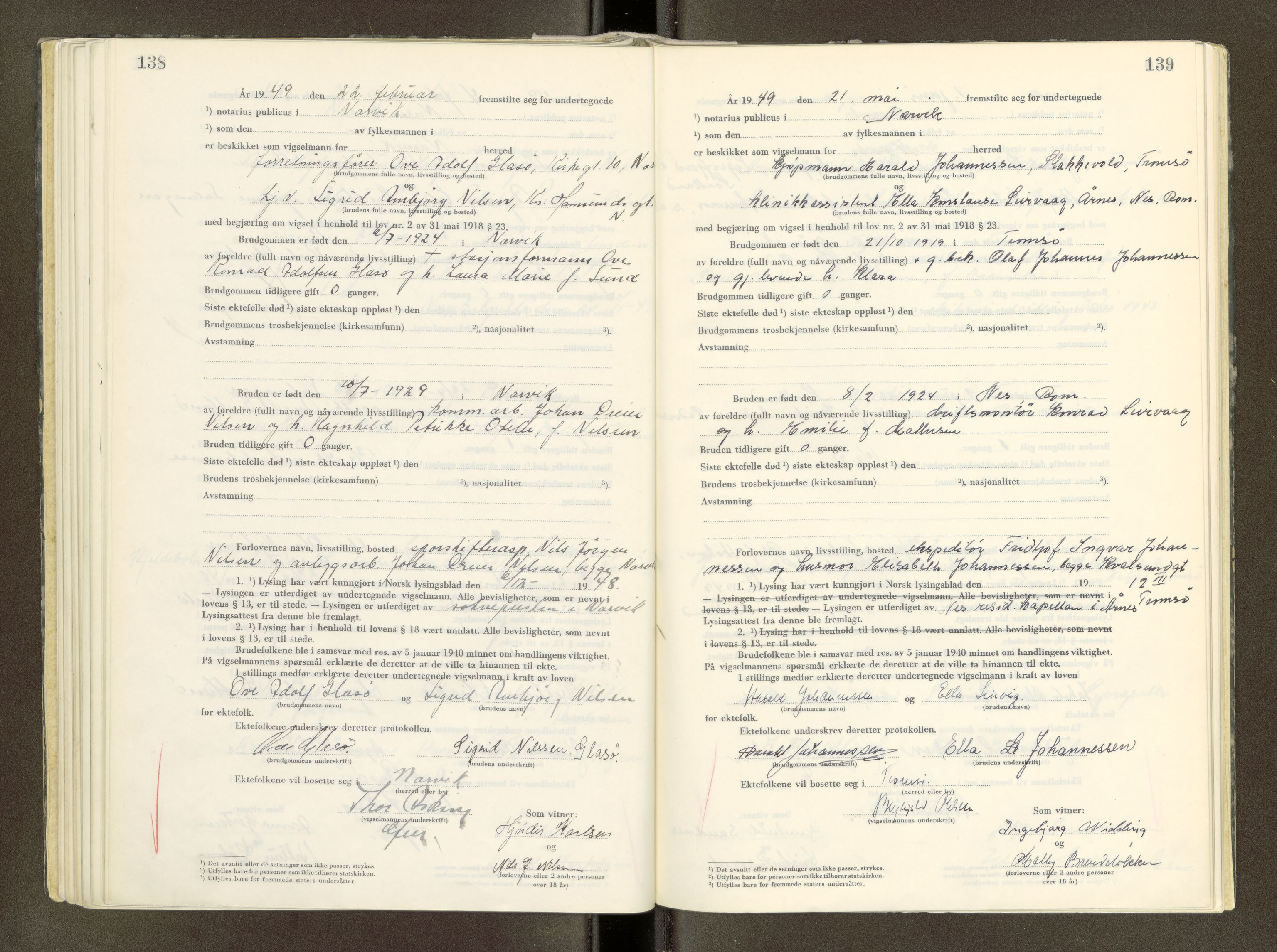 Narvik sorenskriveri, AV/SAT-A-0002/1/6/6D/6Db/L0004: Vigselsprotokoll, 1945-1951, p. 138-139