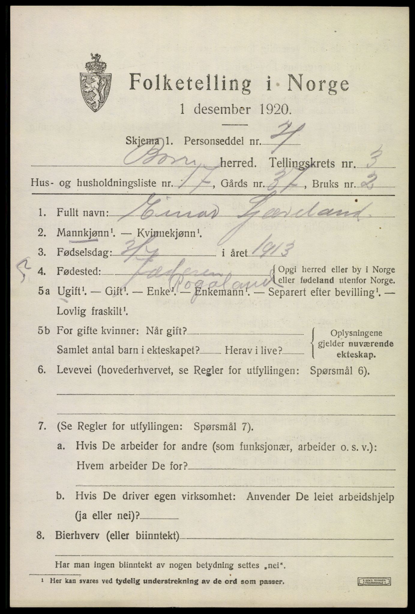 SAKO, 1920 census for Borre, 1920, p. 6224