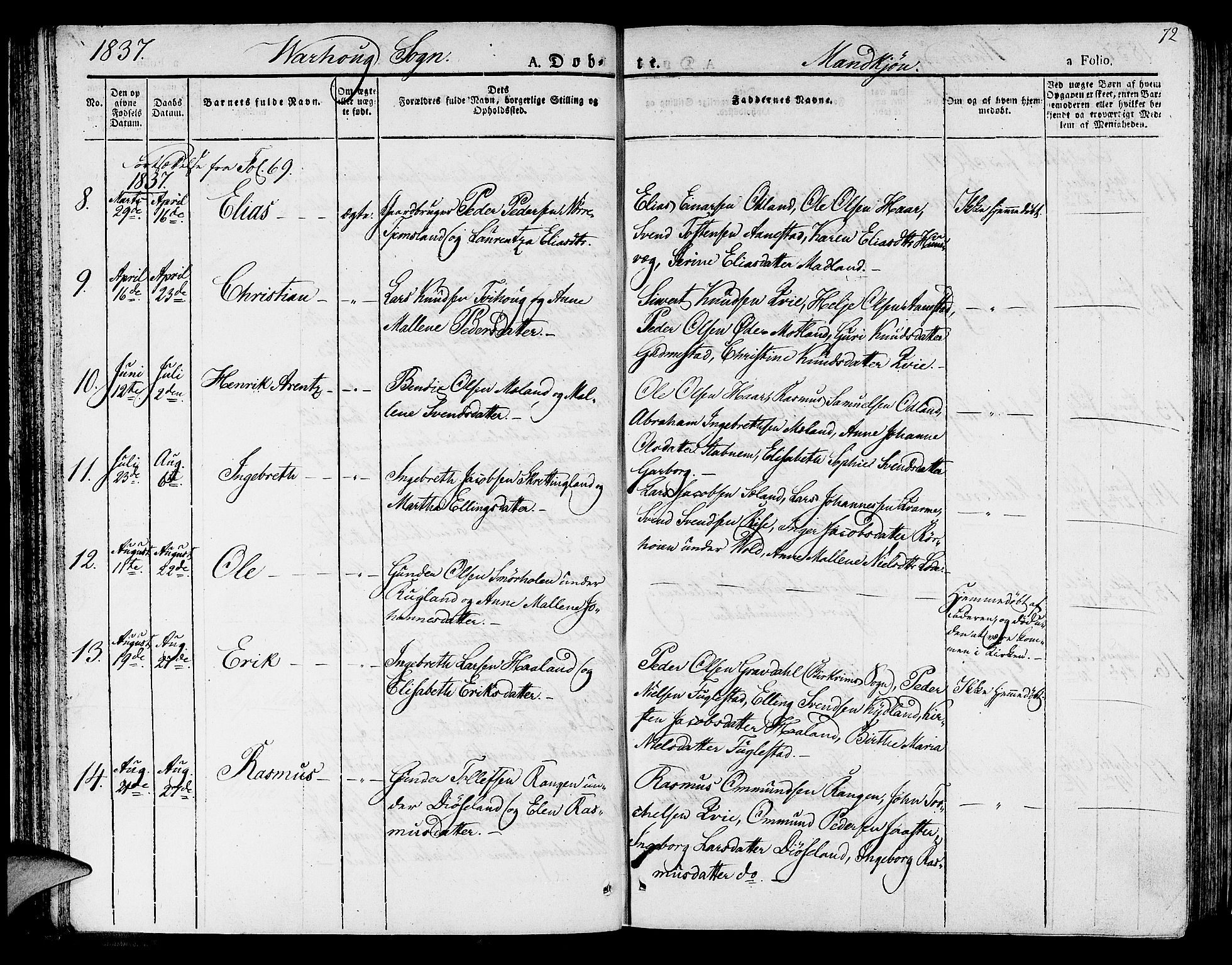 Hå sokneprestkontor, AV/SAST-A-101801/001/30BA/L0004: Parish register (official) no. A 4.1 /2, 1826-1841, p. 72