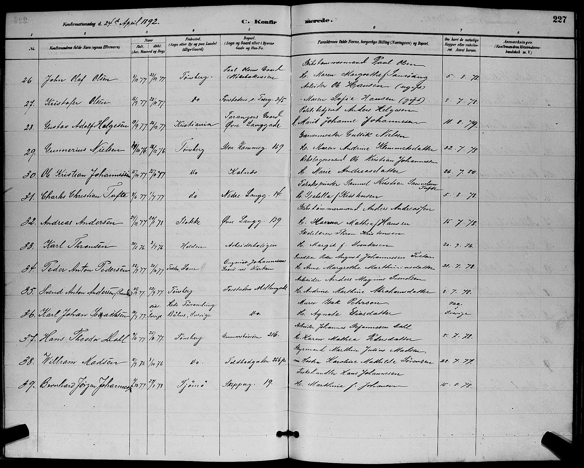 Tønsberg kirkebøker, AV/SAKO-A-330/G/Ga/L0006: Parish register (copy) no. 6, 1885-1895, p. 227