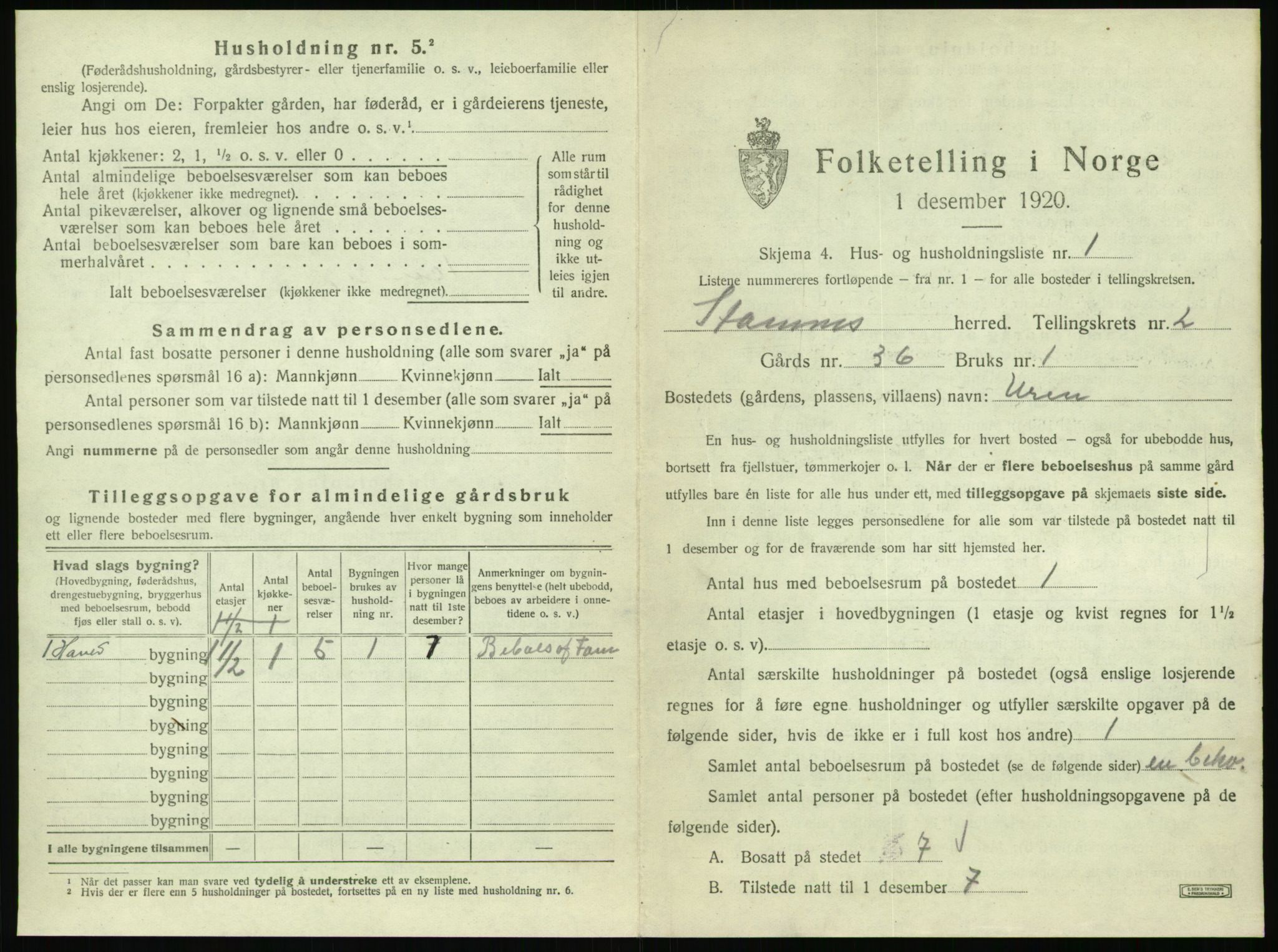 SAT, 1920 census for Stamnes, 1920, p. 308
