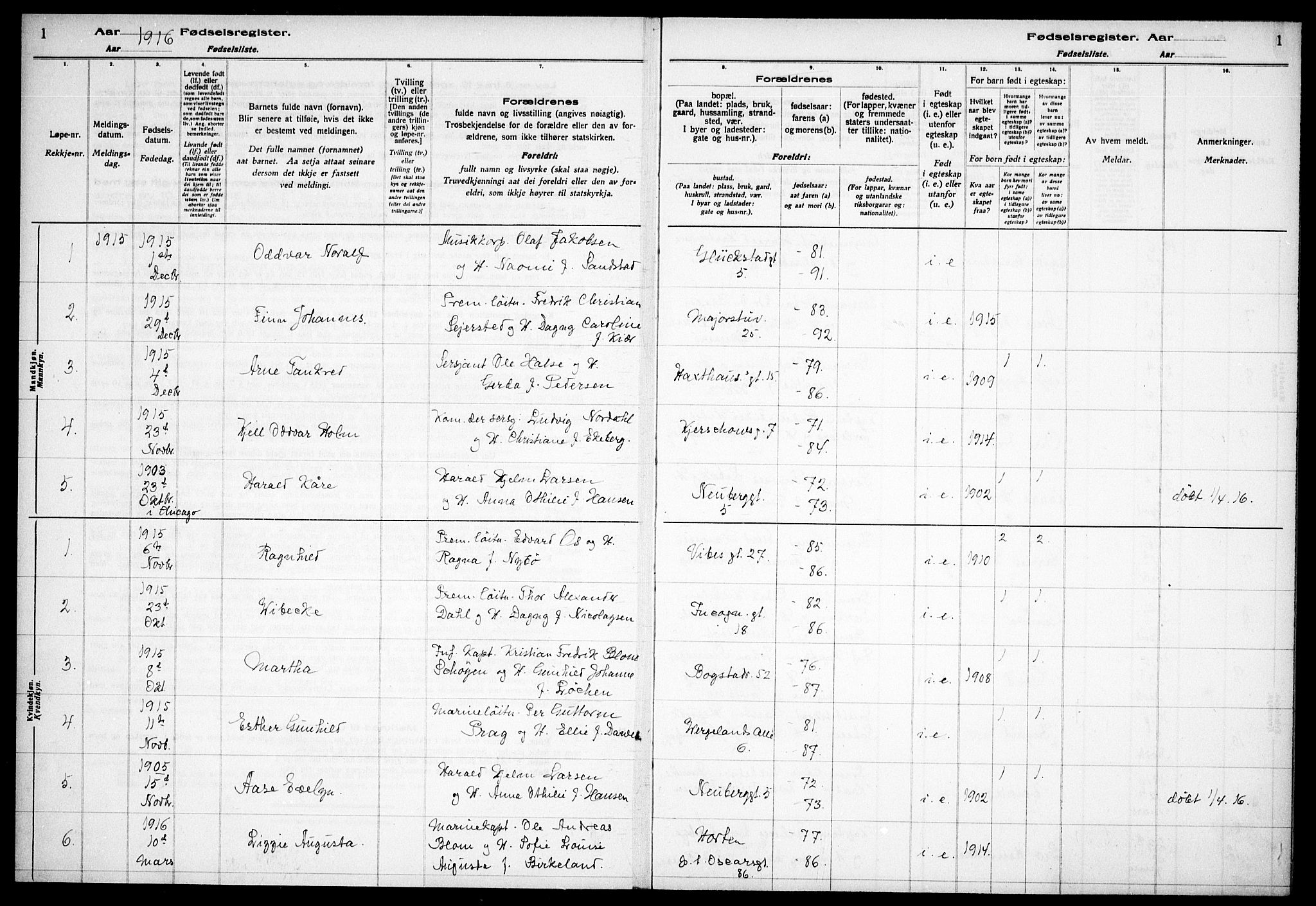 Garnisonsmenigheten Kirkebøker, SAO/A-10846/J/Ja/L0001: Birth register no. 1, 1916-1938, p. 1