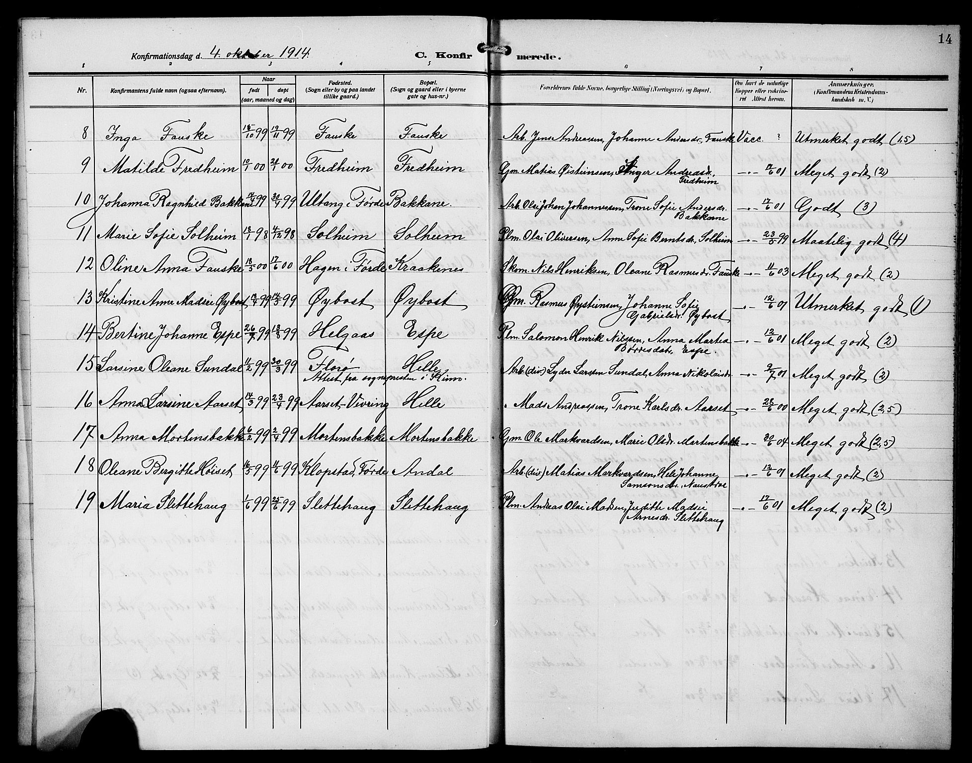 Førde sokneprestembete, AV/SAB-A-79901/H/Hab/Habd/L0007: Parish register (copy) no. D 7, 1912-1922, p. 14