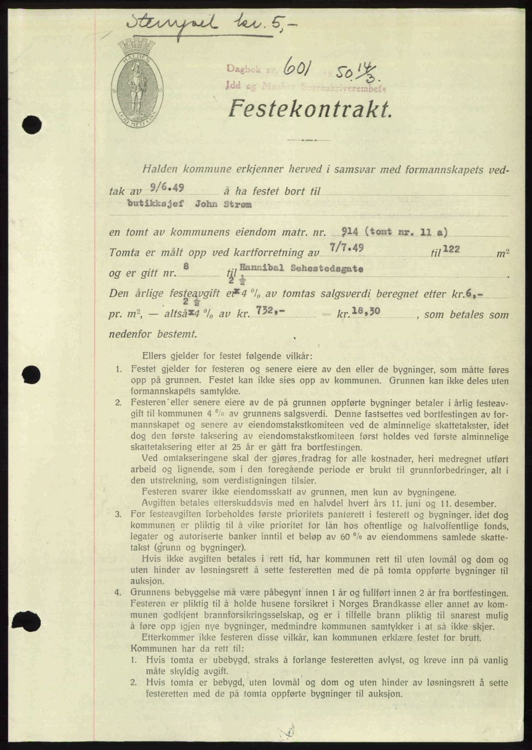 Idd og Marker sorenskriveri, AV/SAO-A-10283/G/Gb/Gbb/L0014: Mortgage book no. A14, 1950-1950, Diary no: : 601/1950