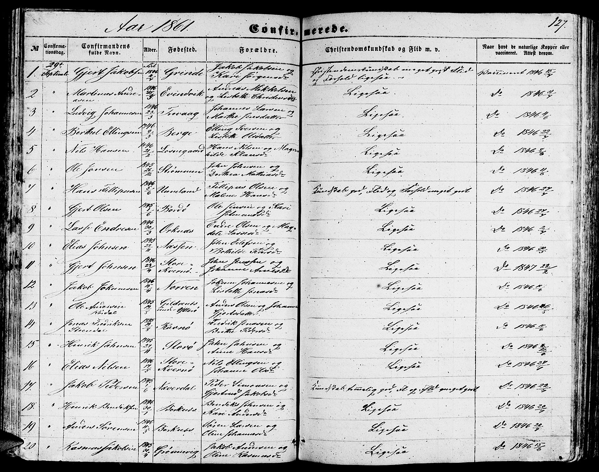 Gulen sokneprestembete, SAB/A-80201/H/Hab/Habb/L0001: Parish register (copy) no. B 1, 1854-1866, p. 127