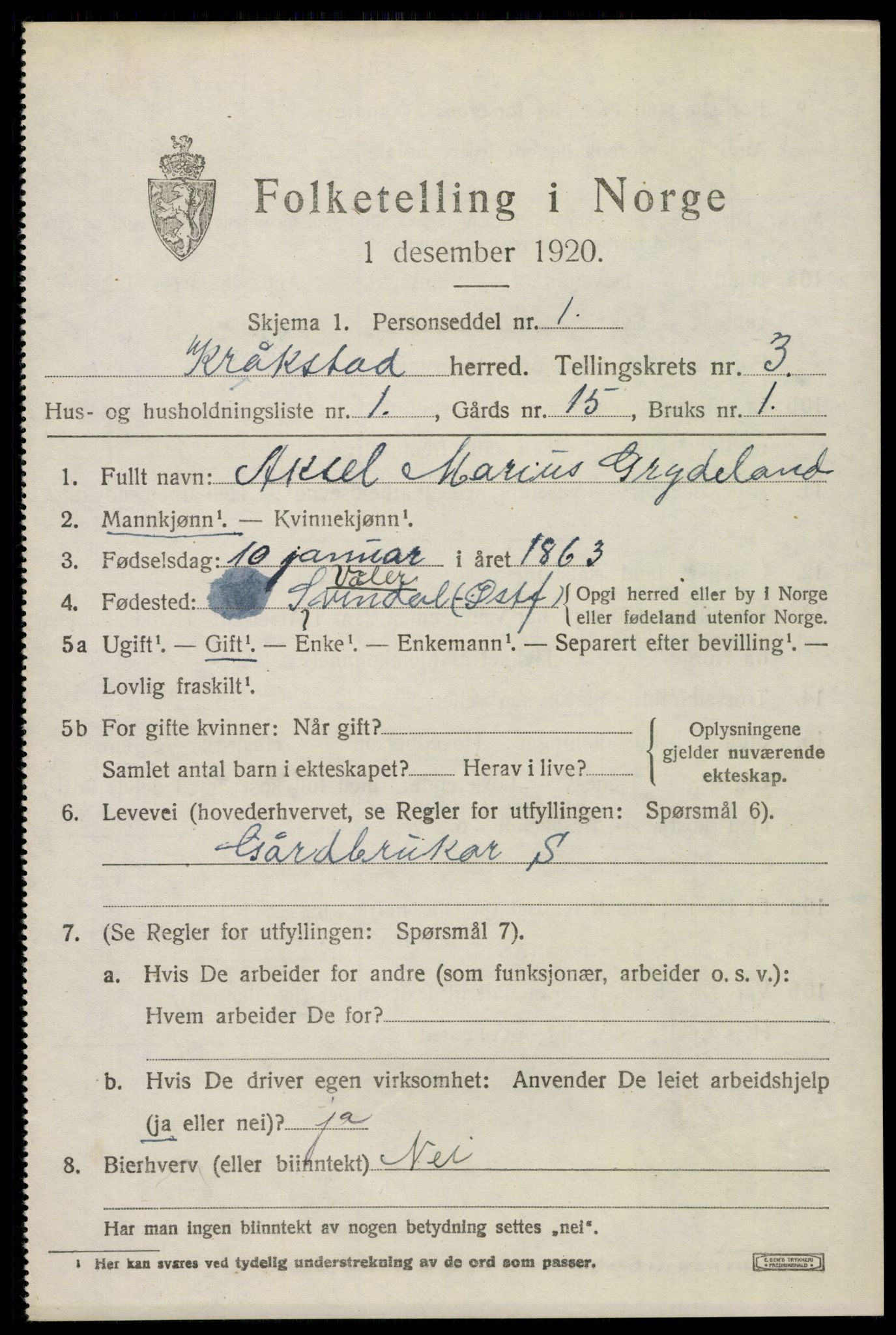 SAO, 1920 census for Kråkstad, 1920, p. 3357