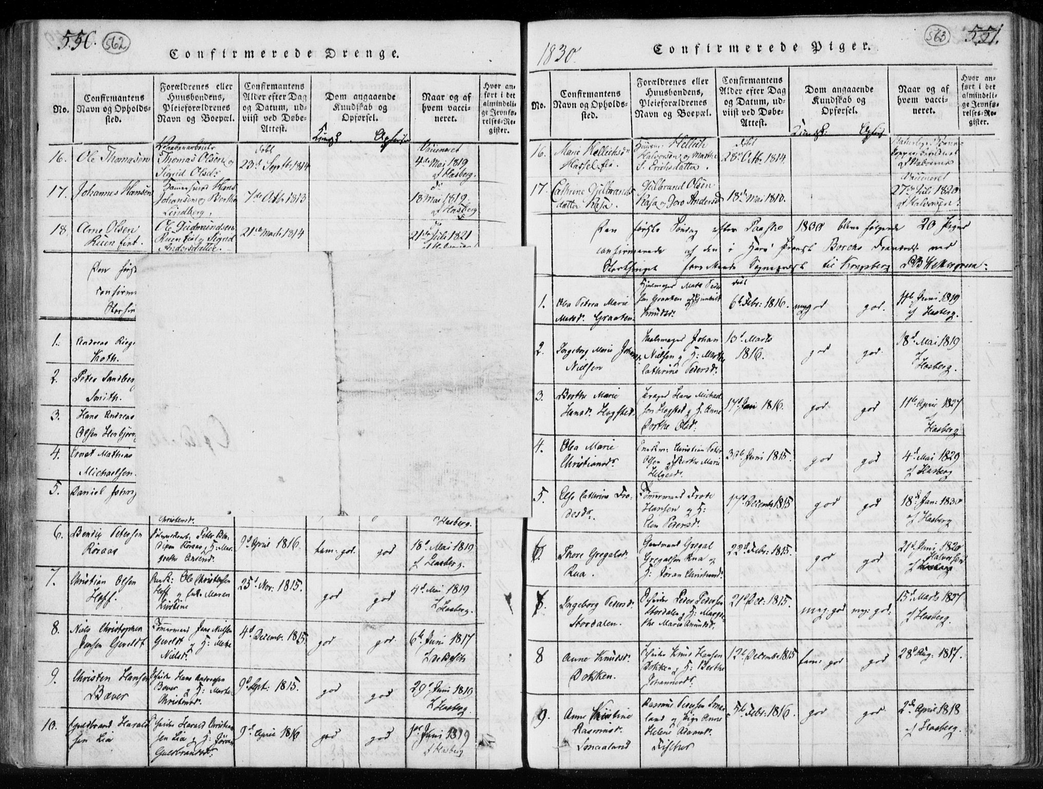 Kongsberg kirkebøker, AV/SAKO-A-22/F/Fa/L0008: Parish register (official) no. I 8, 1816-1839, p. 562-563