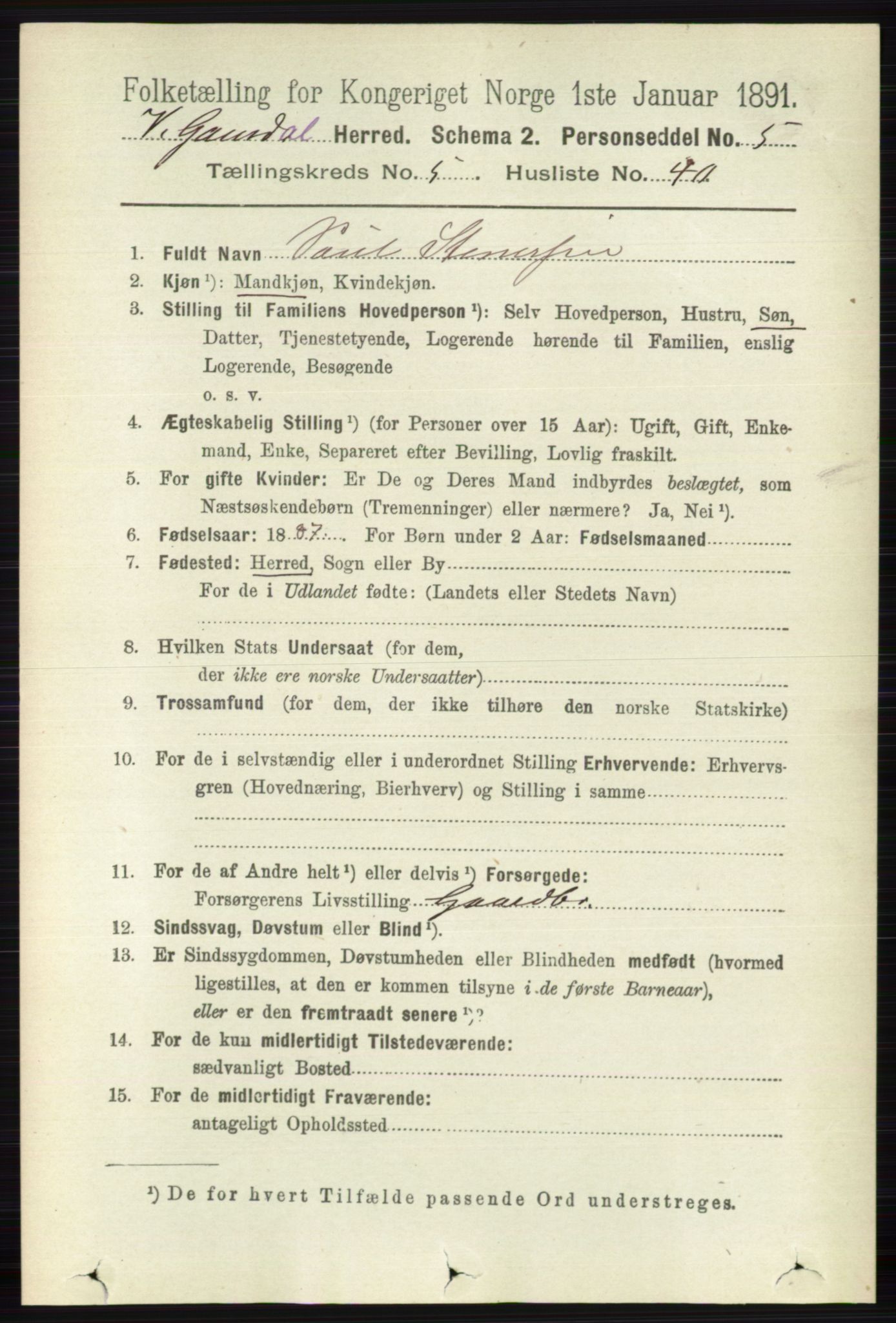 RA, 1891 census for 0523 Vestre Gausdal, 1891, p. 2390