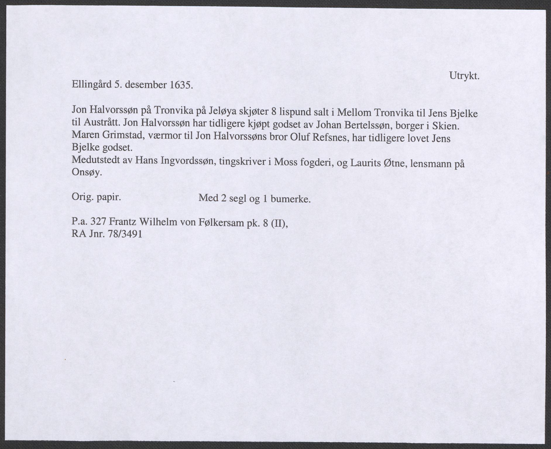 Riksarkivets diplomsamling, RA/EA-5965/F12/L0008: Pk. 8 (II), 1602-1704, p. 66
