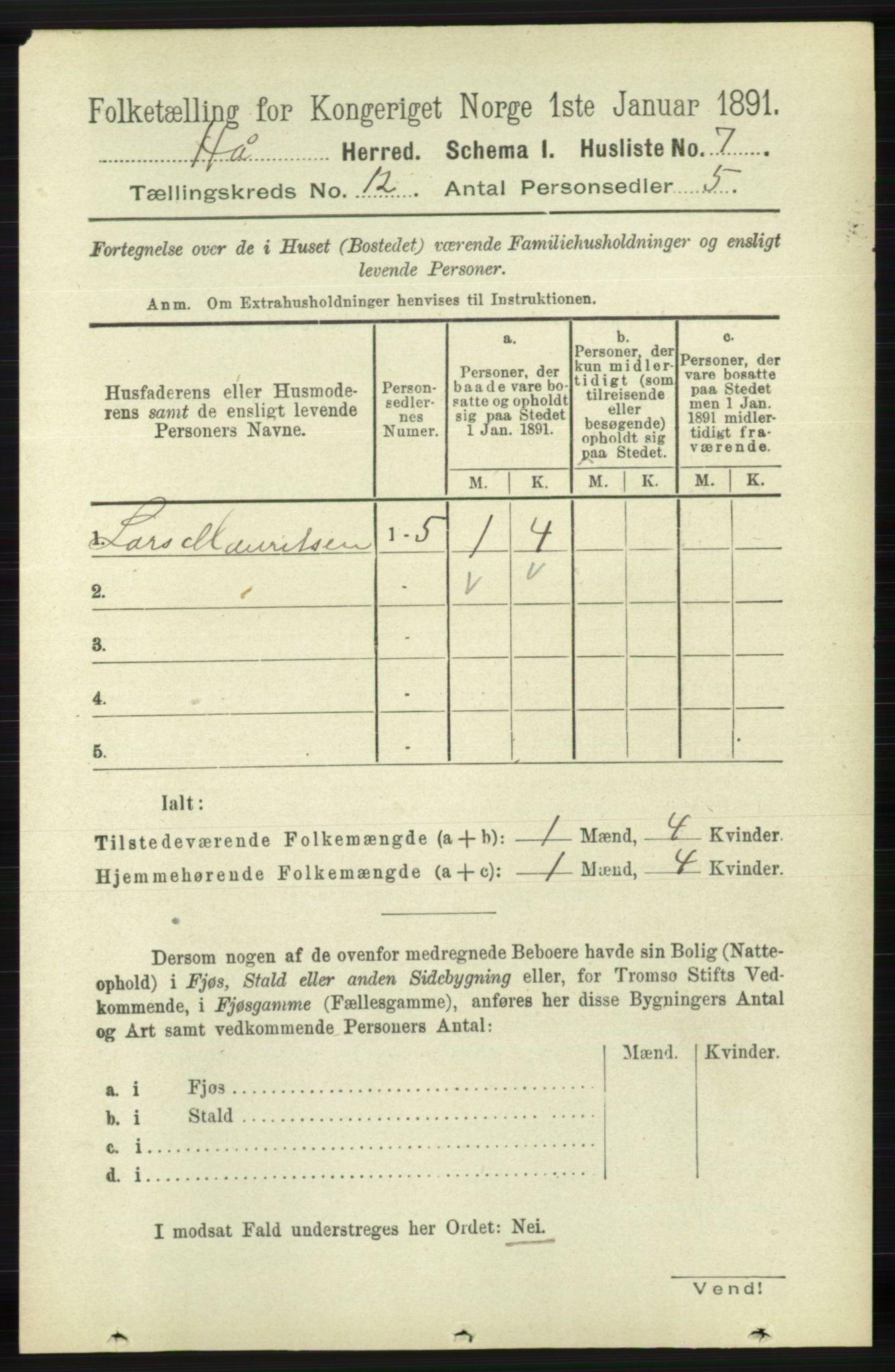 RA, 1891 census for 1119 Hå, 1891, p. 2847