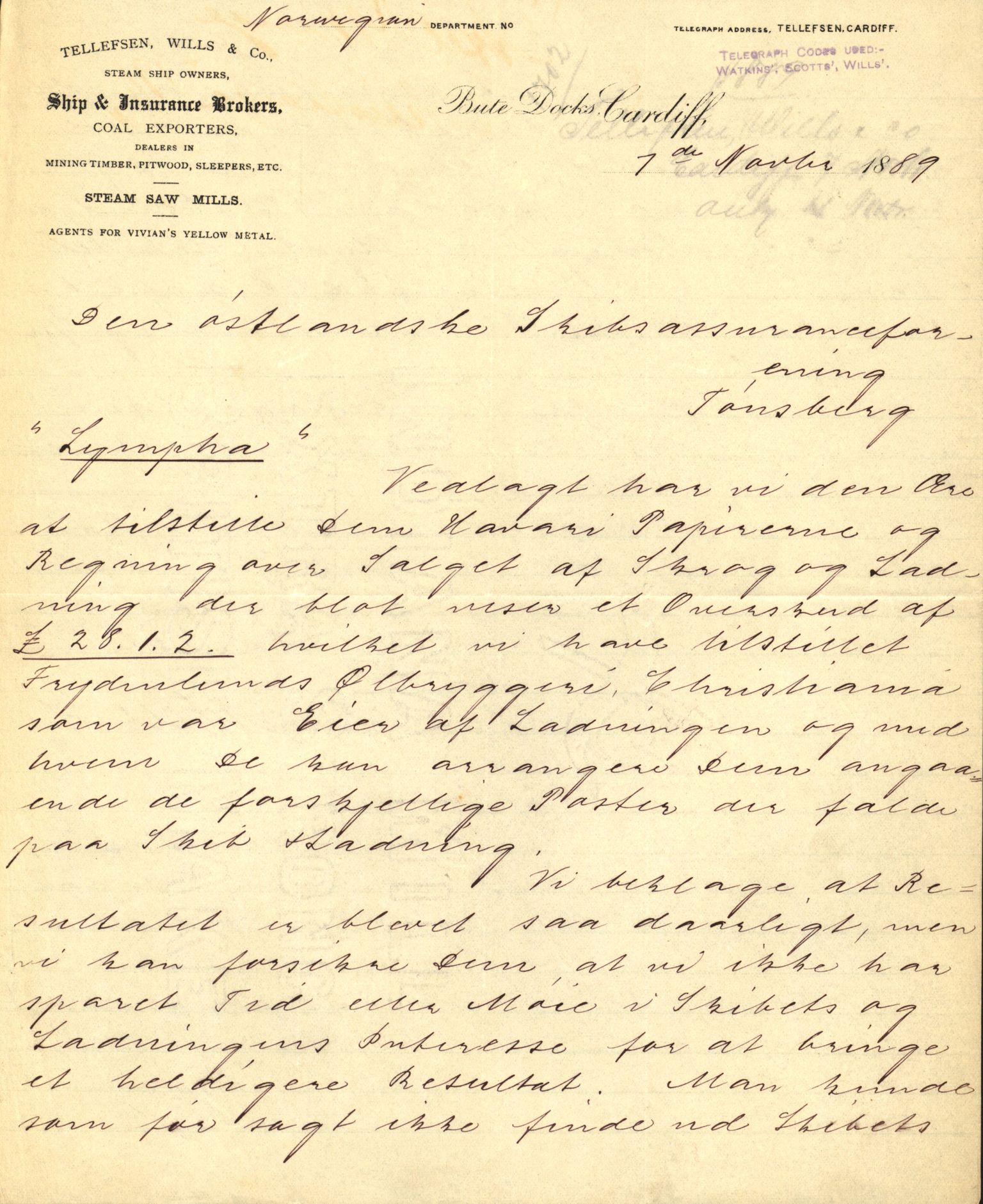 Pa 63 - Østlandske skibsassuranceforening, VEMU/A-1079/G/Ga/L0023/0011: Havaridokumenter / Joanchas, Lympha, Glengarin, Korsvei, Heldine, Sirius, 1889, p. 39