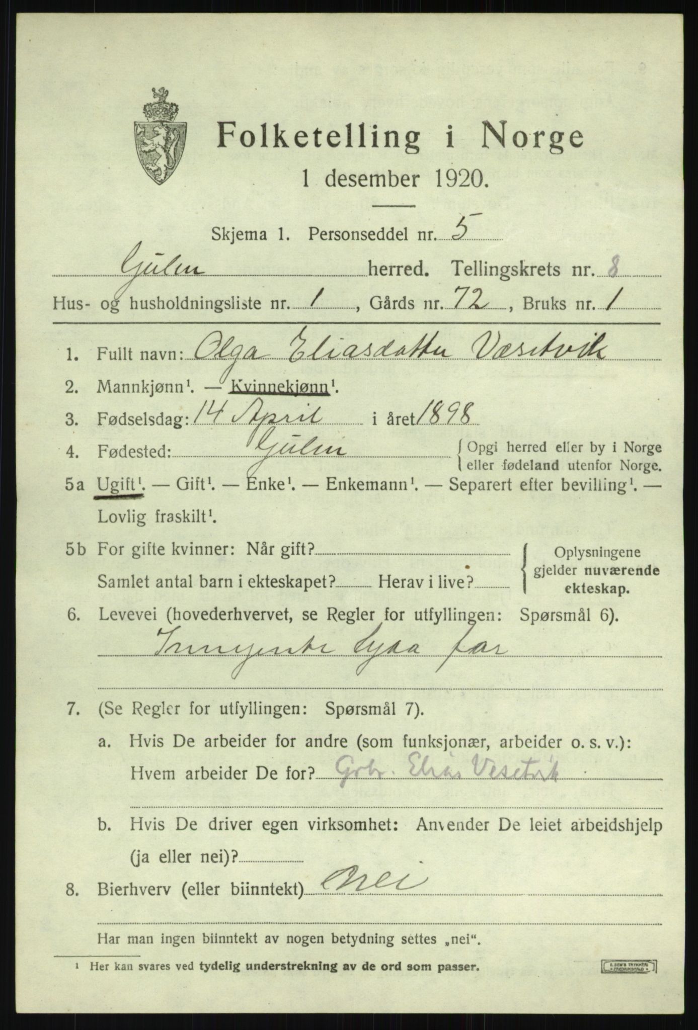 SAB, 1920 census for Gulen, 1920, p. 3503