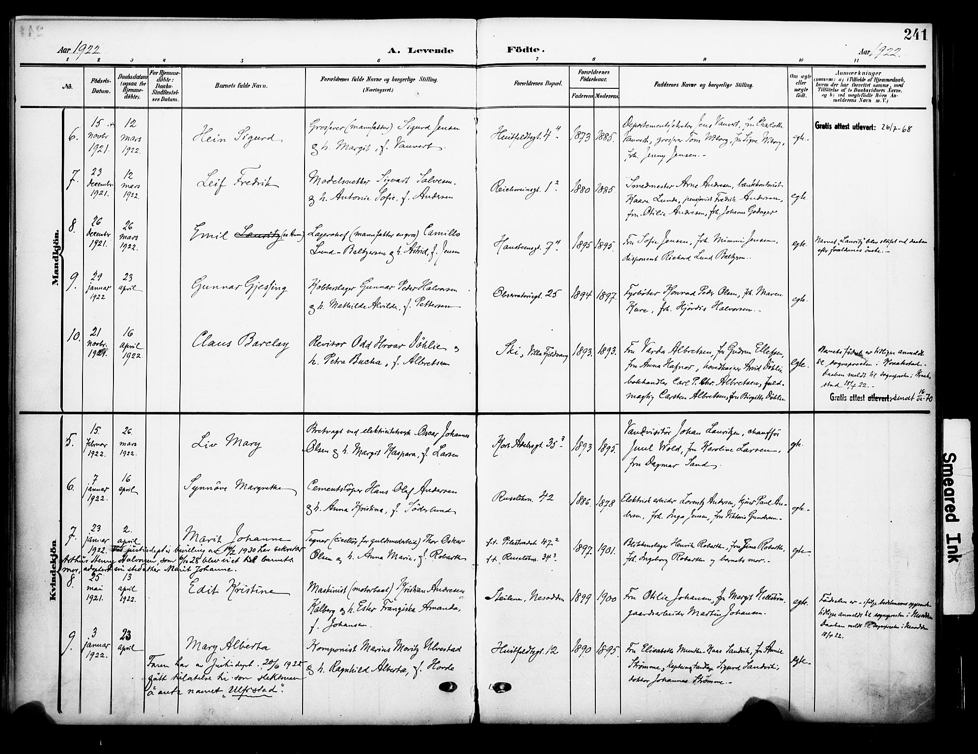 Johannes prestekontor Kirkebøker, SAO/A-10852/F/Fa/L0009: Parish register (official) no. 9, 1905-1929, p. 241