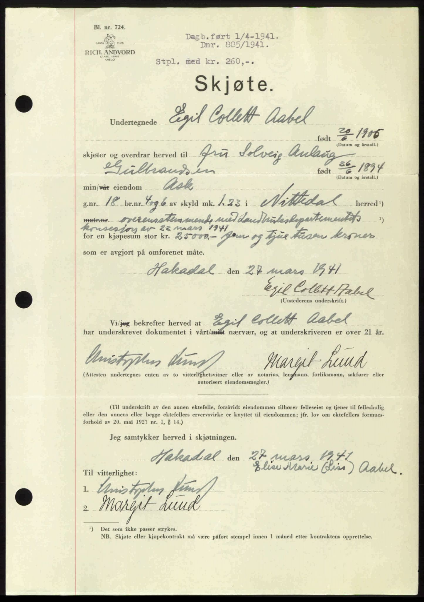 Nedre Romerike sorenskriveri, AV/SAO-A-10469/G/Gb/Gbd/L0006: Mortgage book no. 6, 1941-1941, Diary no: : 835/1941