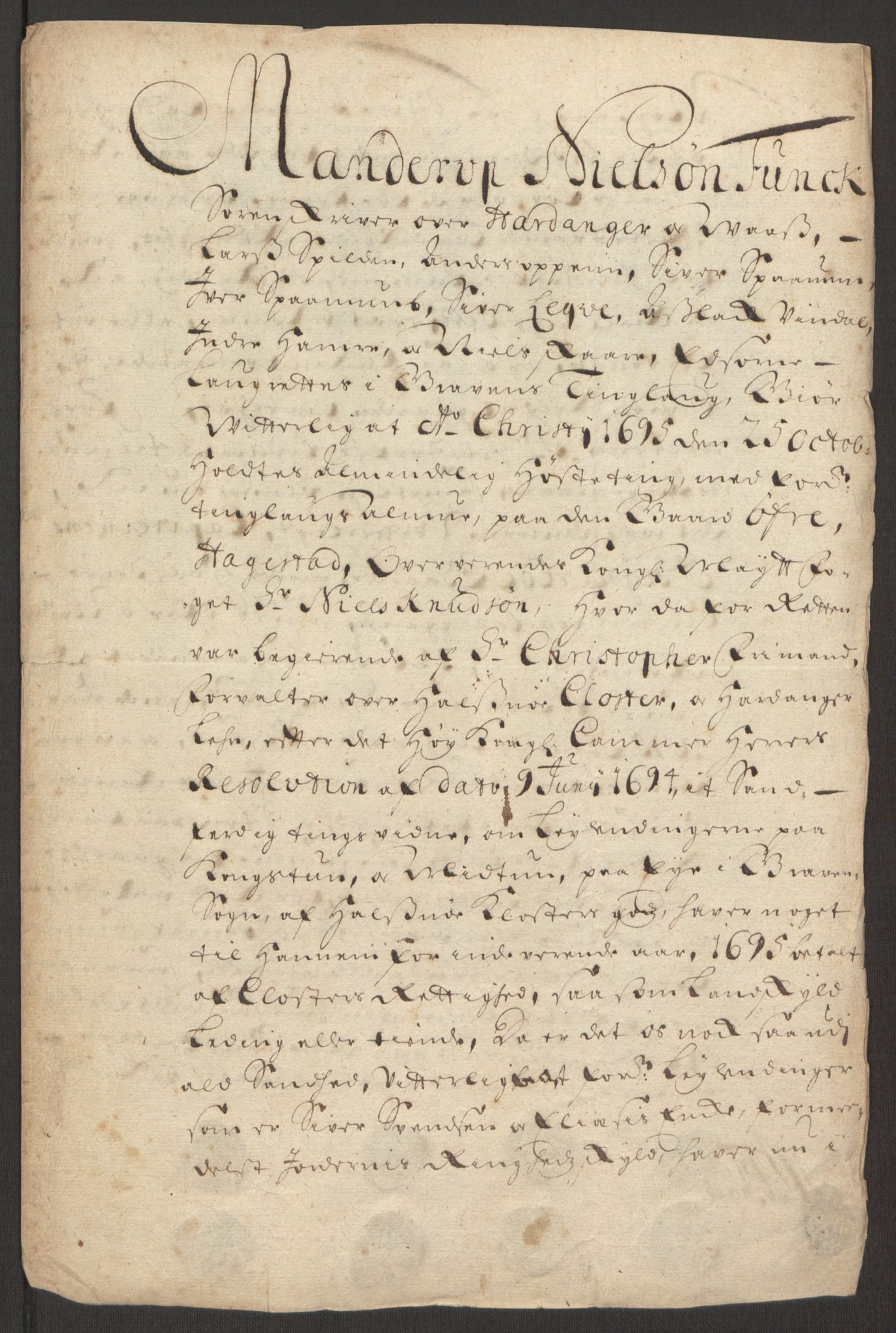 Rentekammeret inntil 1814, Reviderte regnskaper, Fogderegnskap, AV/RA-EA-4092/R48/L2976: Fogderegnskap Sunnhordland og Hardanger, 1695-1696, p. 176