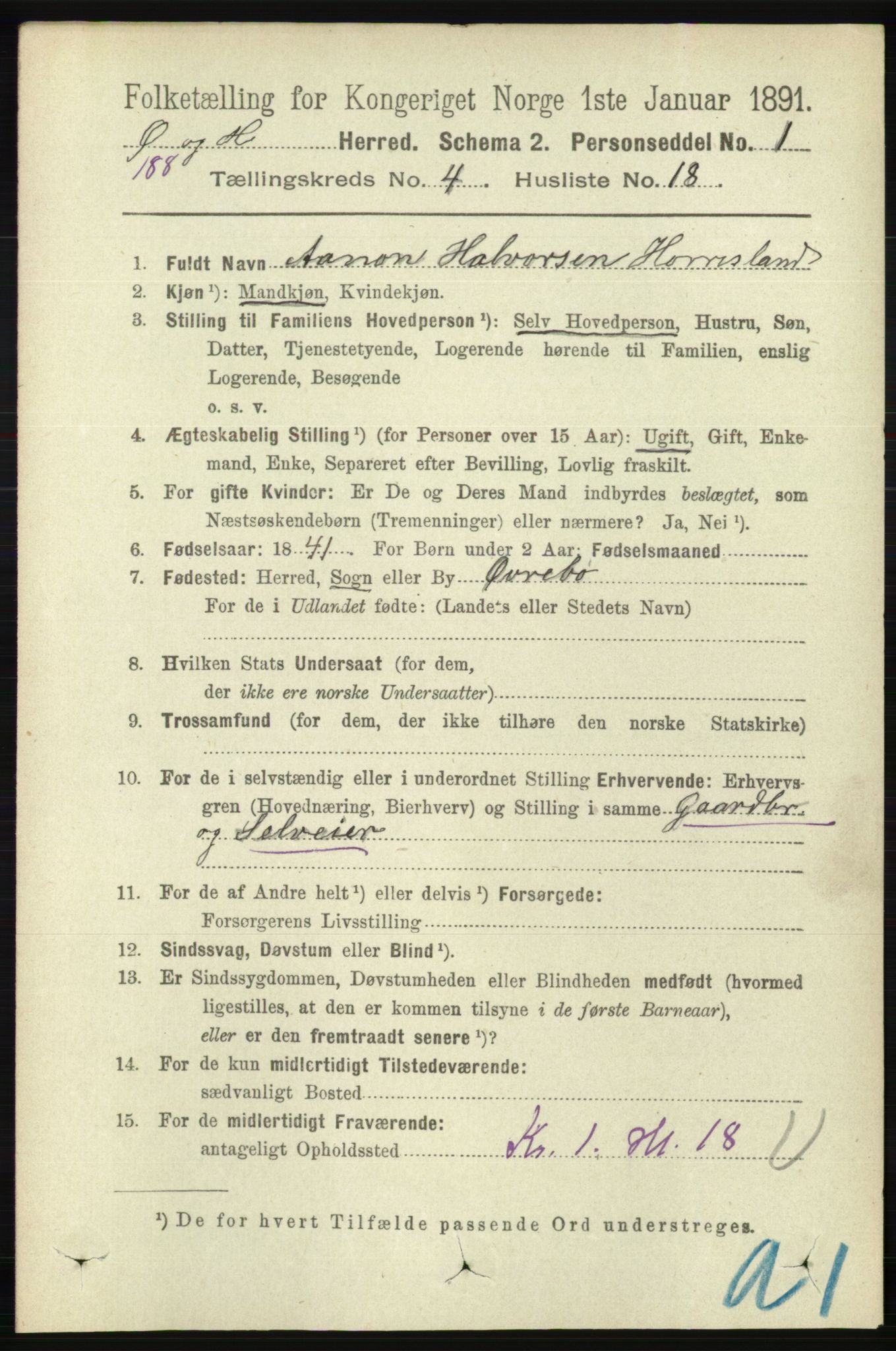 RA, 1891 census for 1016 Øvrebø og Hægeland, 1891, p. 816