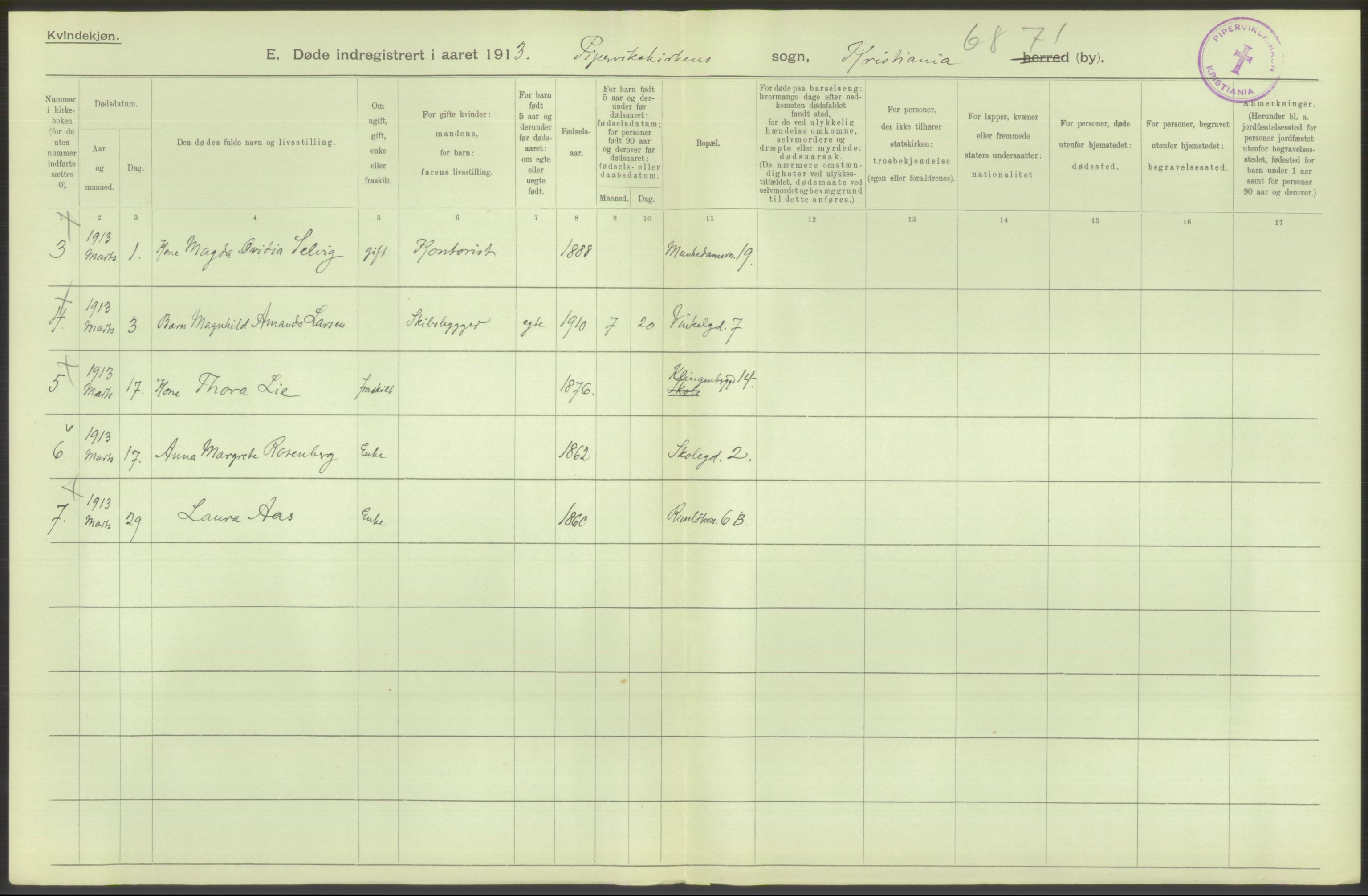 Statistisk sentralbyrå, Sosiodemografiske emner, Befolkning, RA/S-2228/D/Df/Dfb/Dfbc/L0010: Kristiania: Døde, dødfødte., 1913, p. 442